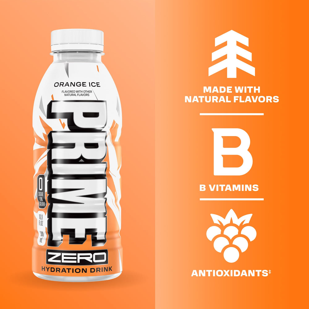 Prime Zero Orange Ice 12-pack shown for on-the-go hydration during sports and travel.