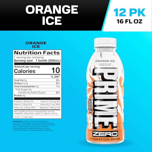 Prime Zero Orange Ice being poured into a glass showing refreshing citrus flavor.