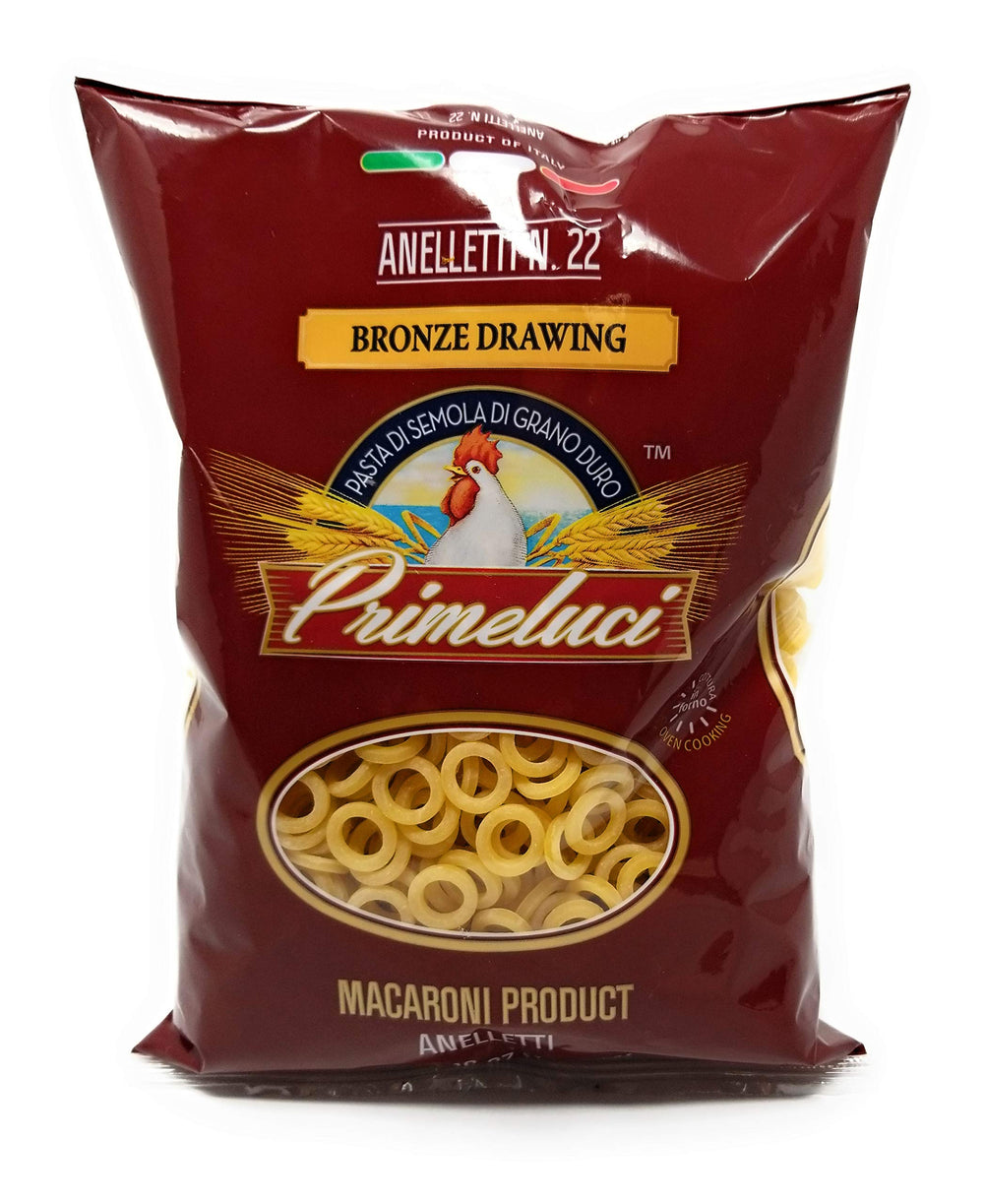 Primeluci Anelletti pasta pack with four 1 lb bags, convenient for meals