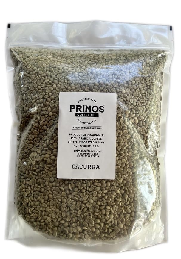 Primos Coffee Co. green bean bag close-up showcasing premium unroasted beans.