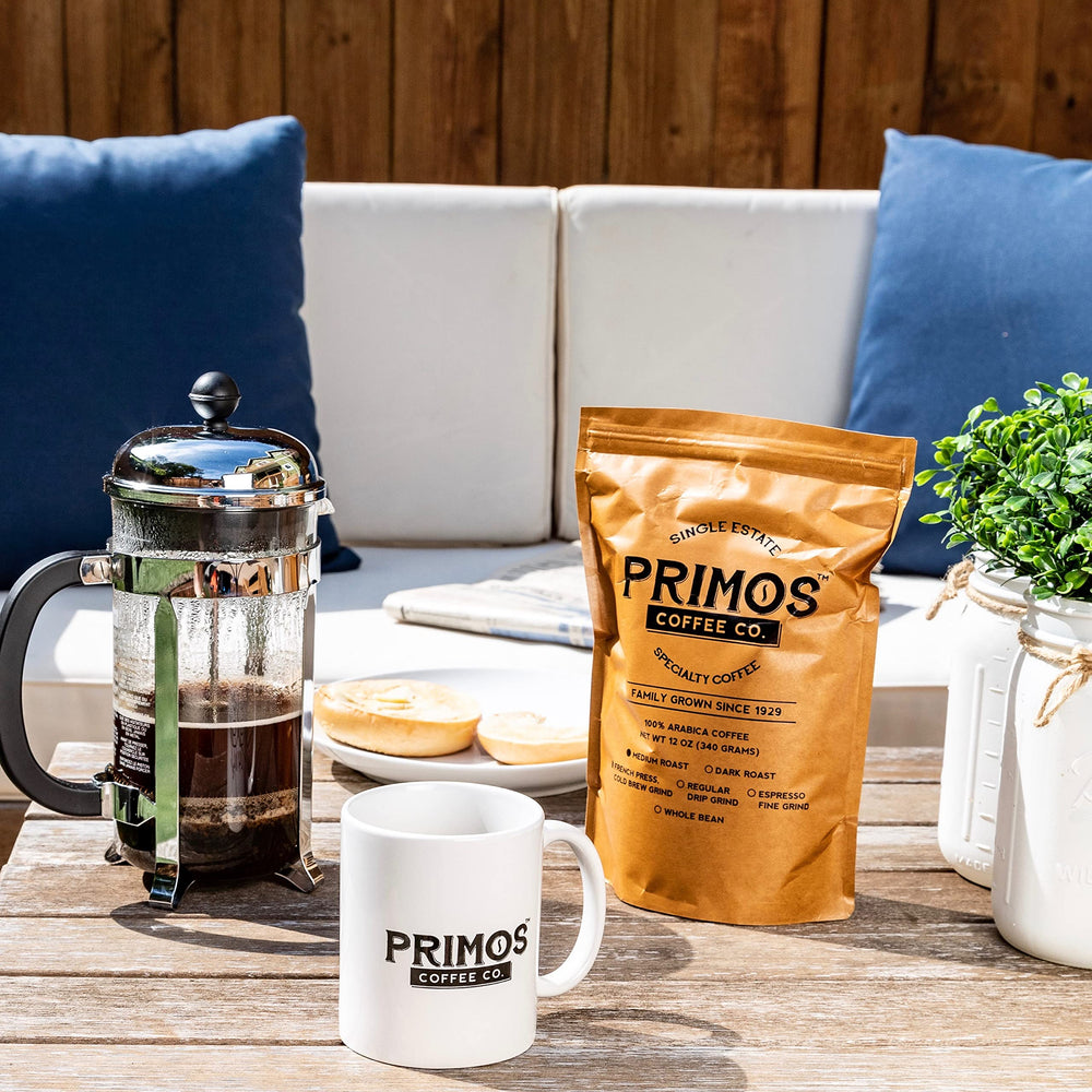 Primos Coffee Co. sustainably produced coffee with eco-friendly packaging supporting local communities.