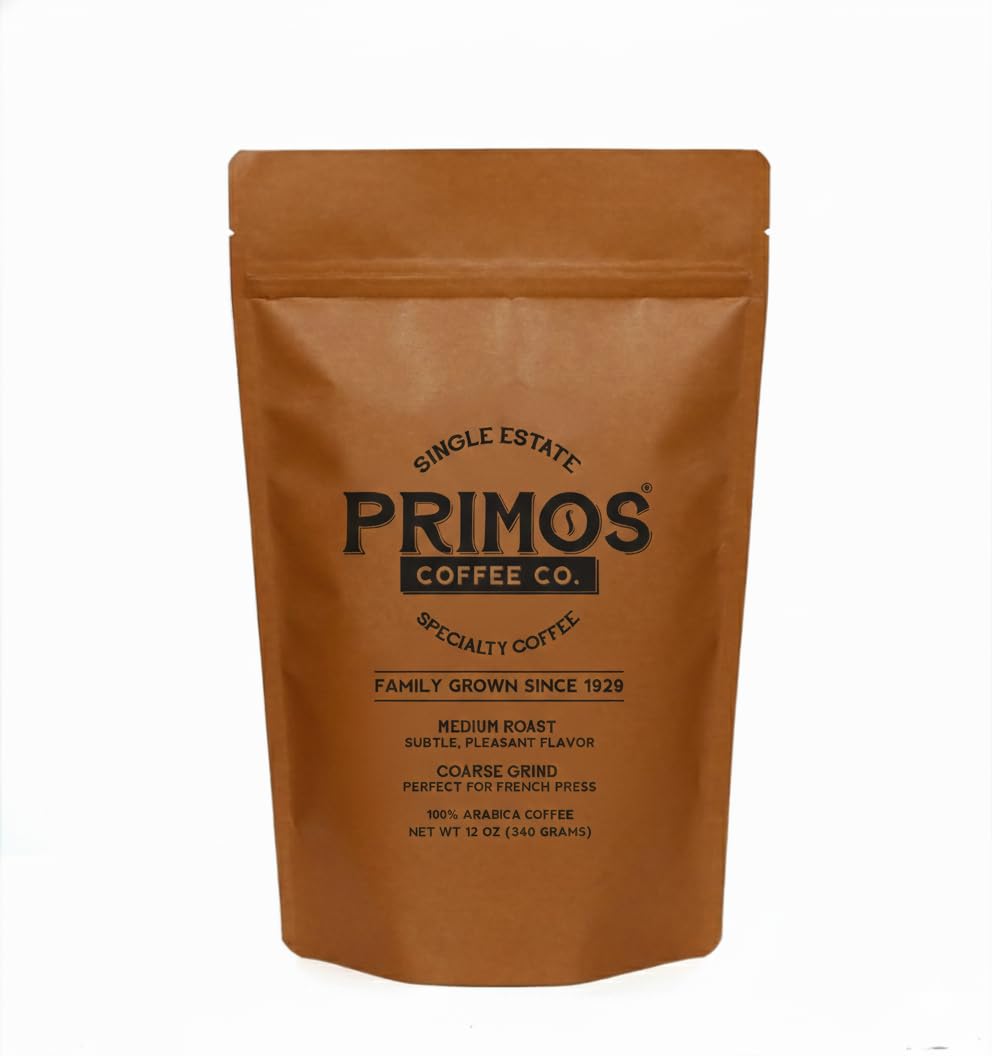 Primos Coffee Co. French press coarse-ground 12oz for a smooth, balanced cup