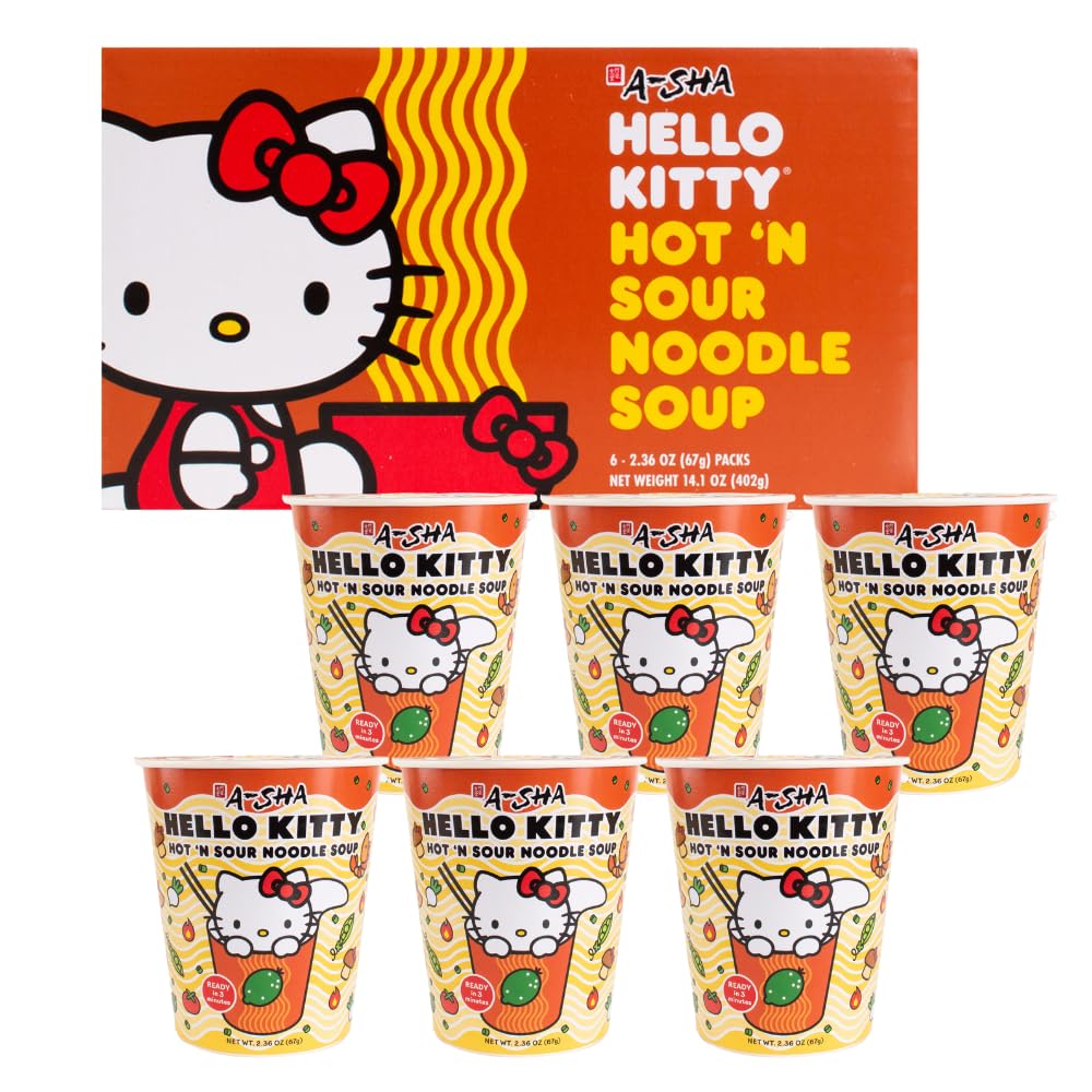Prince Katsu Hello Kitty hot and sour ramen cup in a 6-pack for quick meals