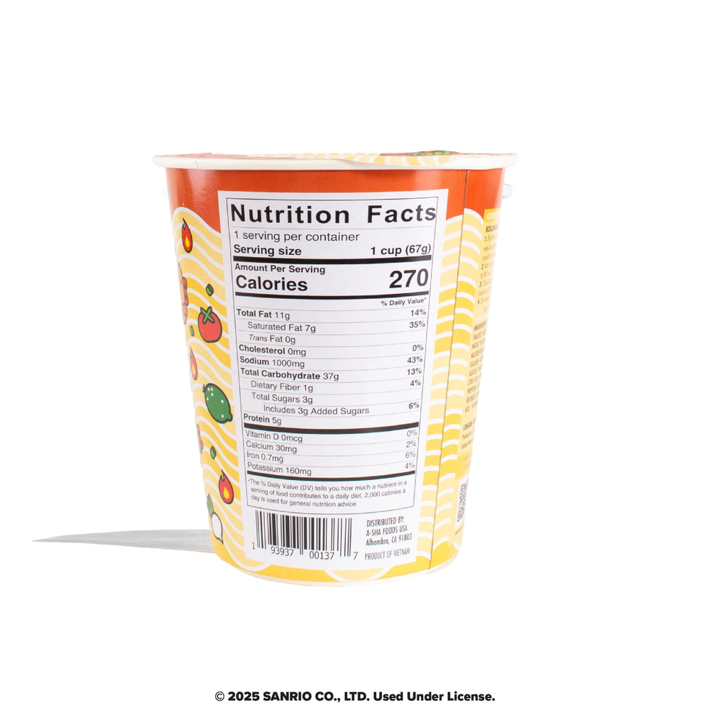 Opened cup of Hello Kitty ramen showing contents and packaging