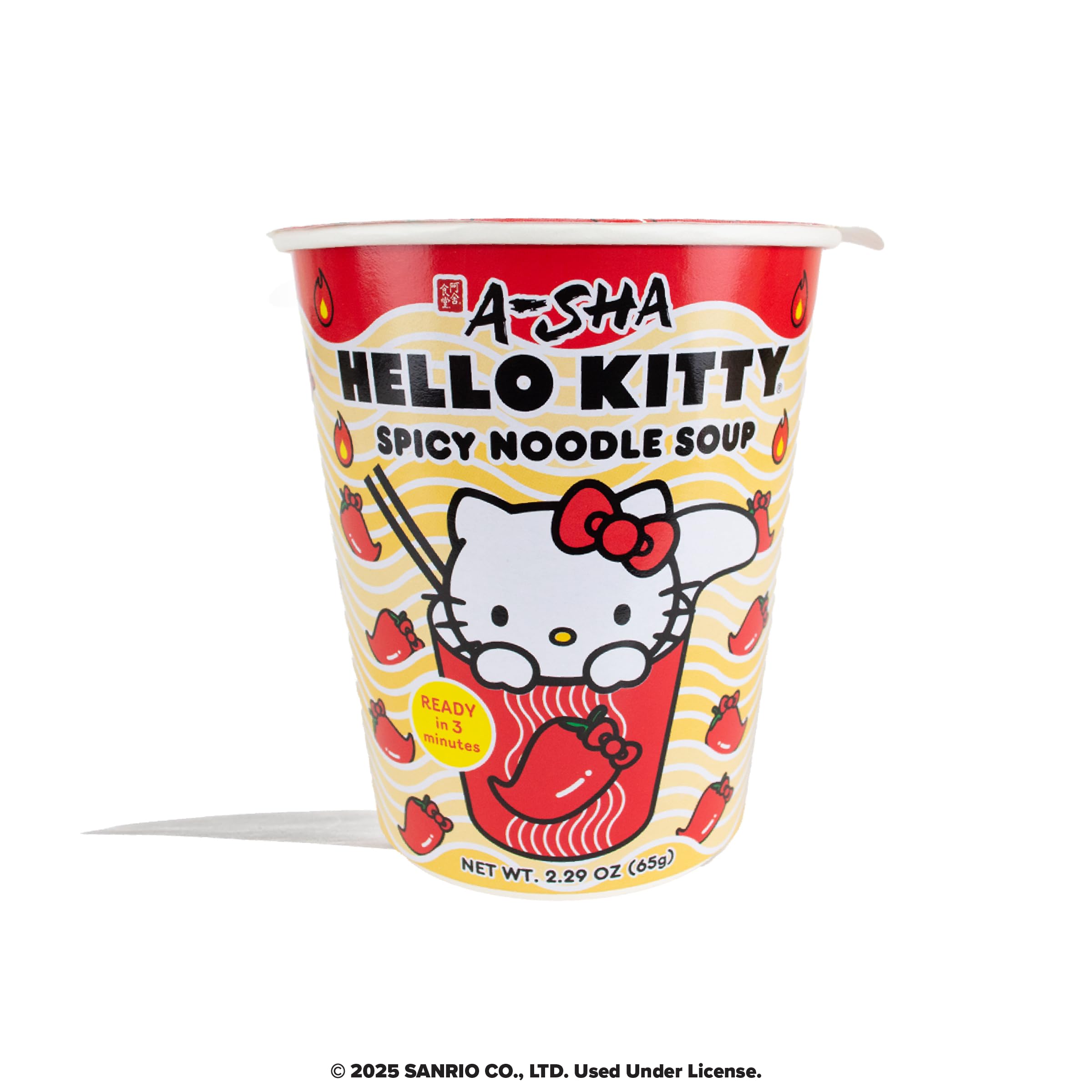 Spicy broth with vibrant color in Hello Kitty ramen cup.