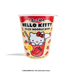 Spicy broth with vibrant color in Hello Kitty ramen cup.