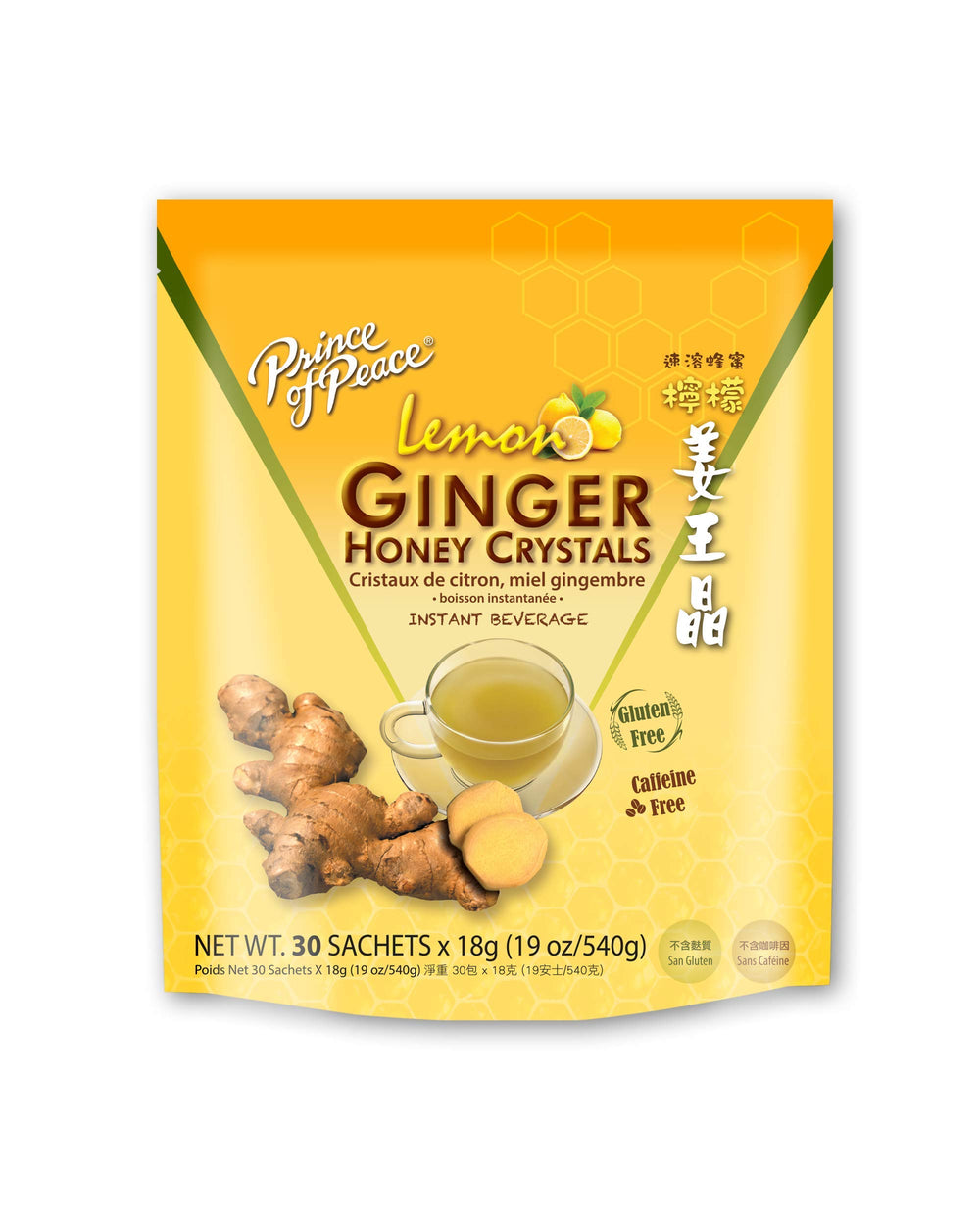Prince of Peace convenient brew sachet dissolving in hot water for cozy beverage.