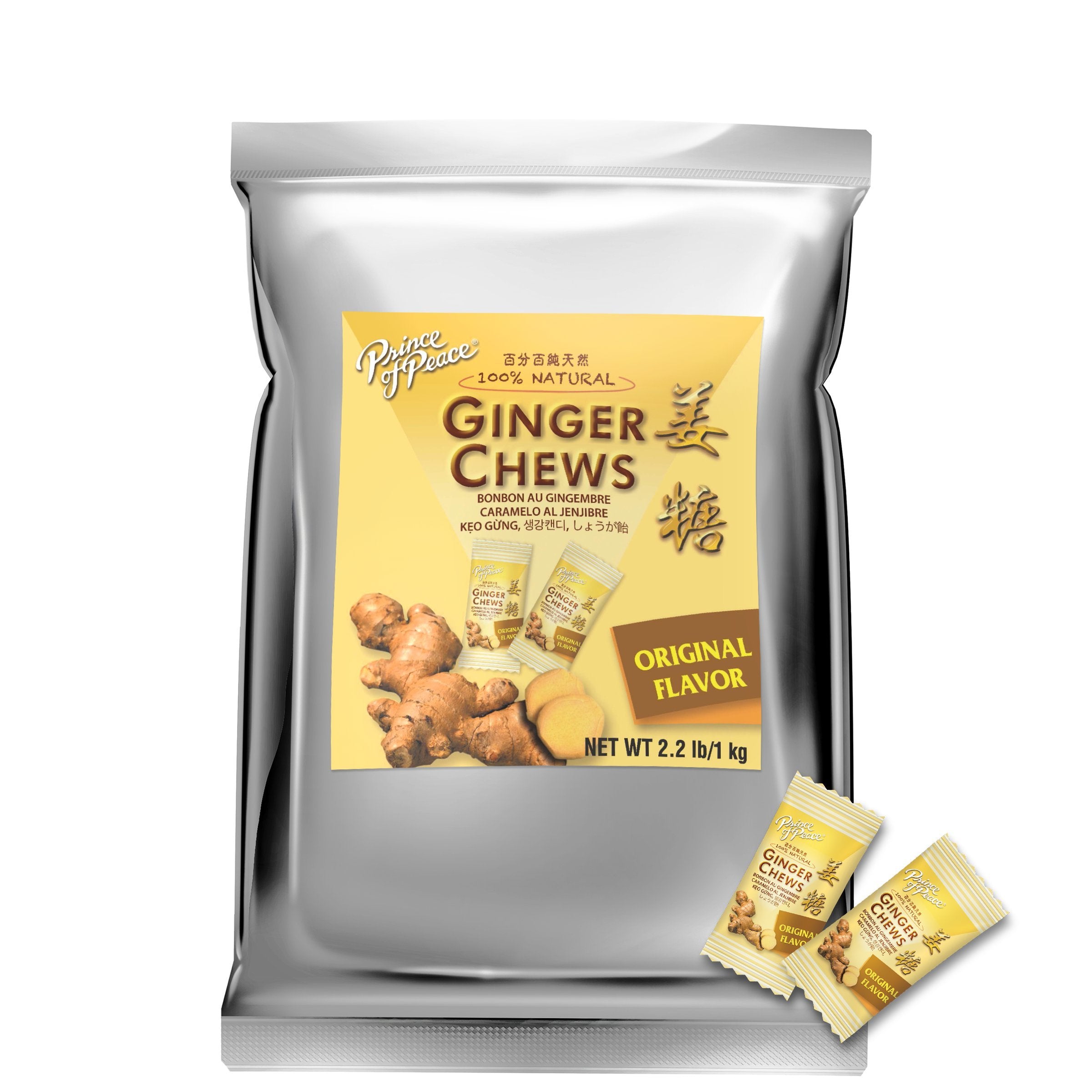 Prince of Peace ginger candy chews in a bag for easy snacking and on-the-go enjoyment.