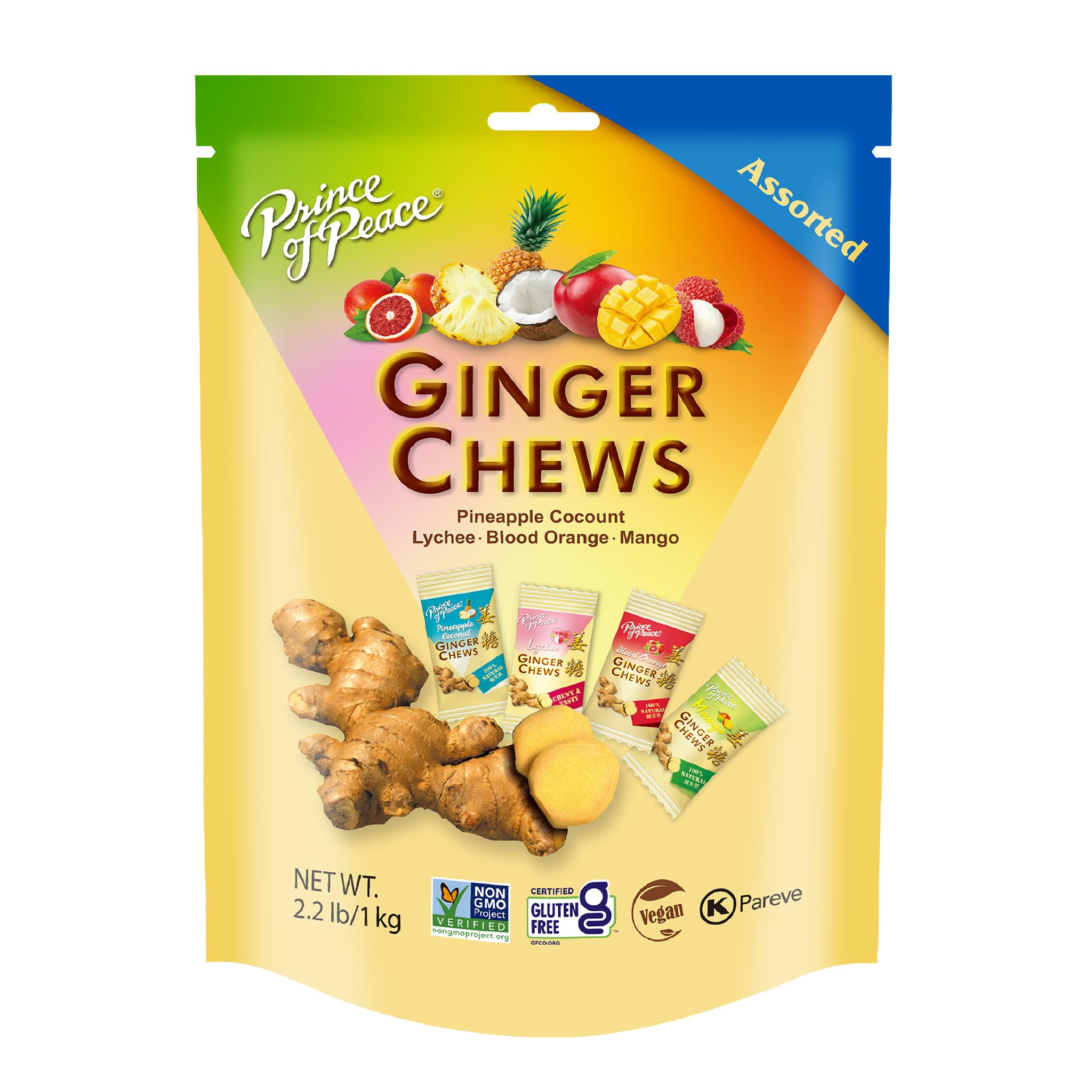 Prince Of Peace Ginger Chews assorted flavors in a 2.2 lb bag, ideal for on-the-go snacking.