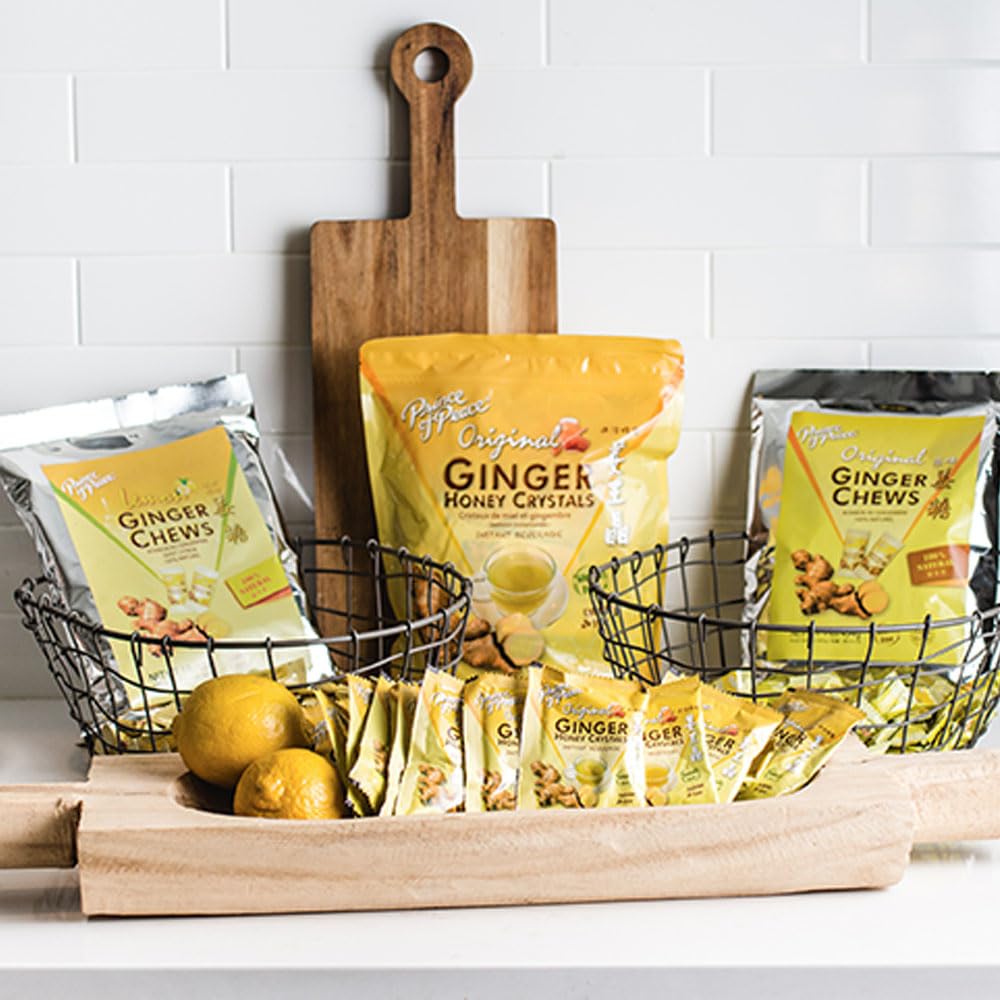 Prince Of Peace ginger chews close-up shows real ginger and chewy texture.