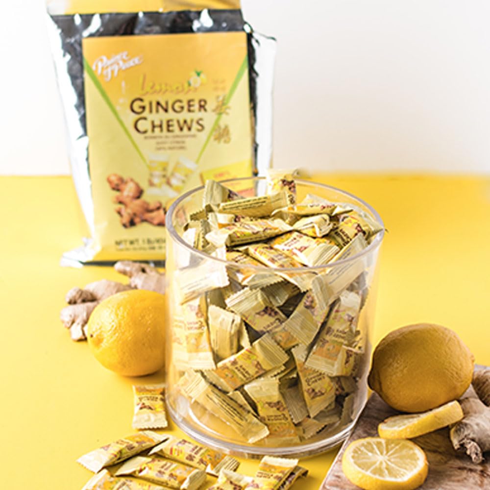 Prince of Peace Ginger Chews with Lemon bag open reveals 1 lb of candied ginger treats