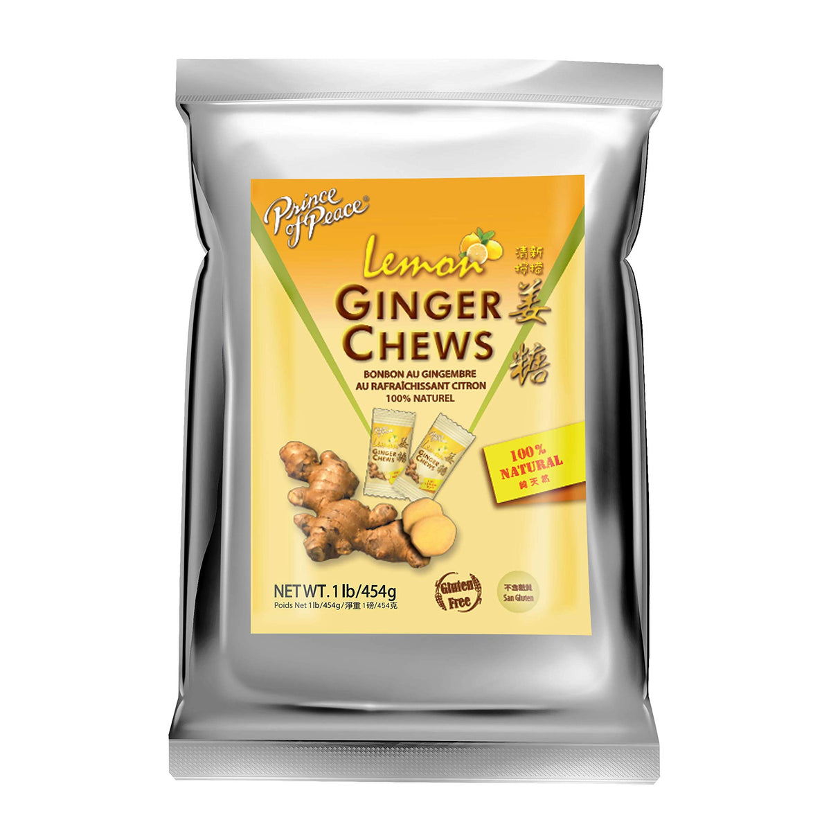 Prince of Peace Ginger Chews with Lemon closeup highlighting real ginger and citrus flavor