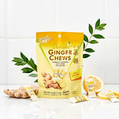 Prince of Peace Ginger Chews with Lemon closeup showing real ginger and lemon flavor.