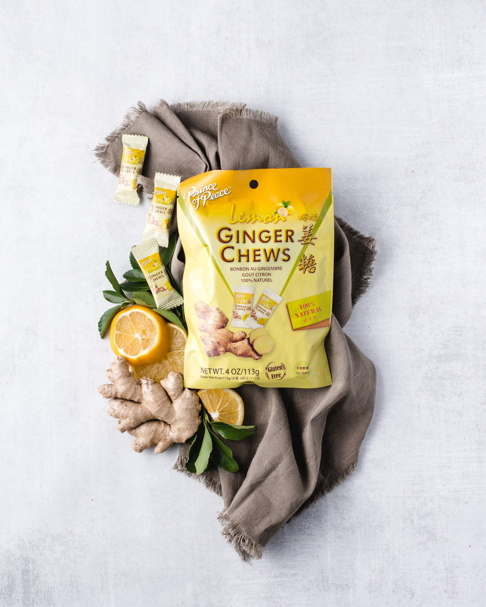 Prince of Peace Ginger Chews with Lemon individually wrapped for travel and breaks.