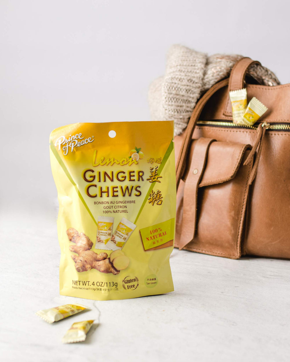 Prince of Peace Ginger Chews with Lemon nutrition label with calories per chew.
