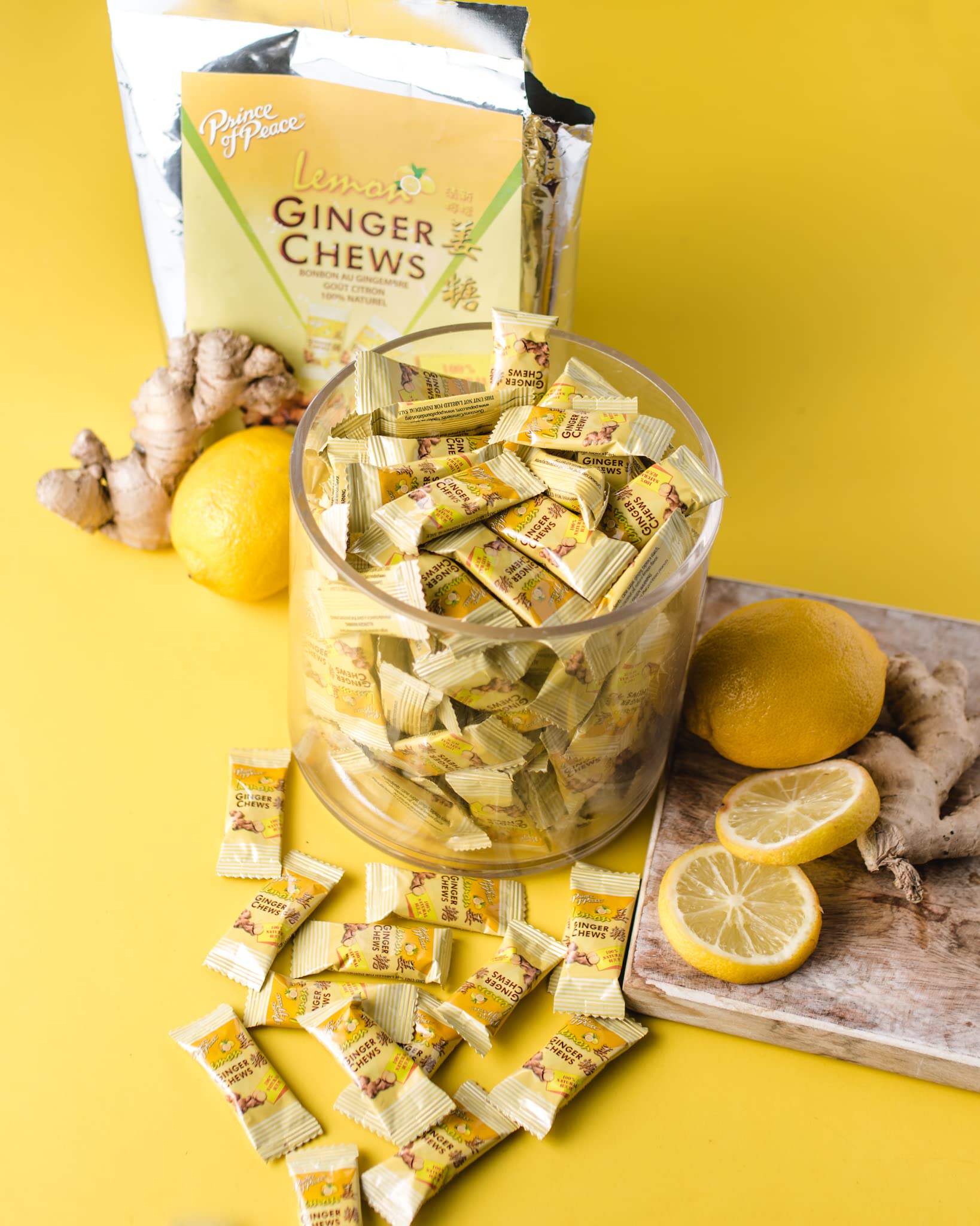 Prince of Peace ginger chew with lemon, chewy bite for quick flavor lift