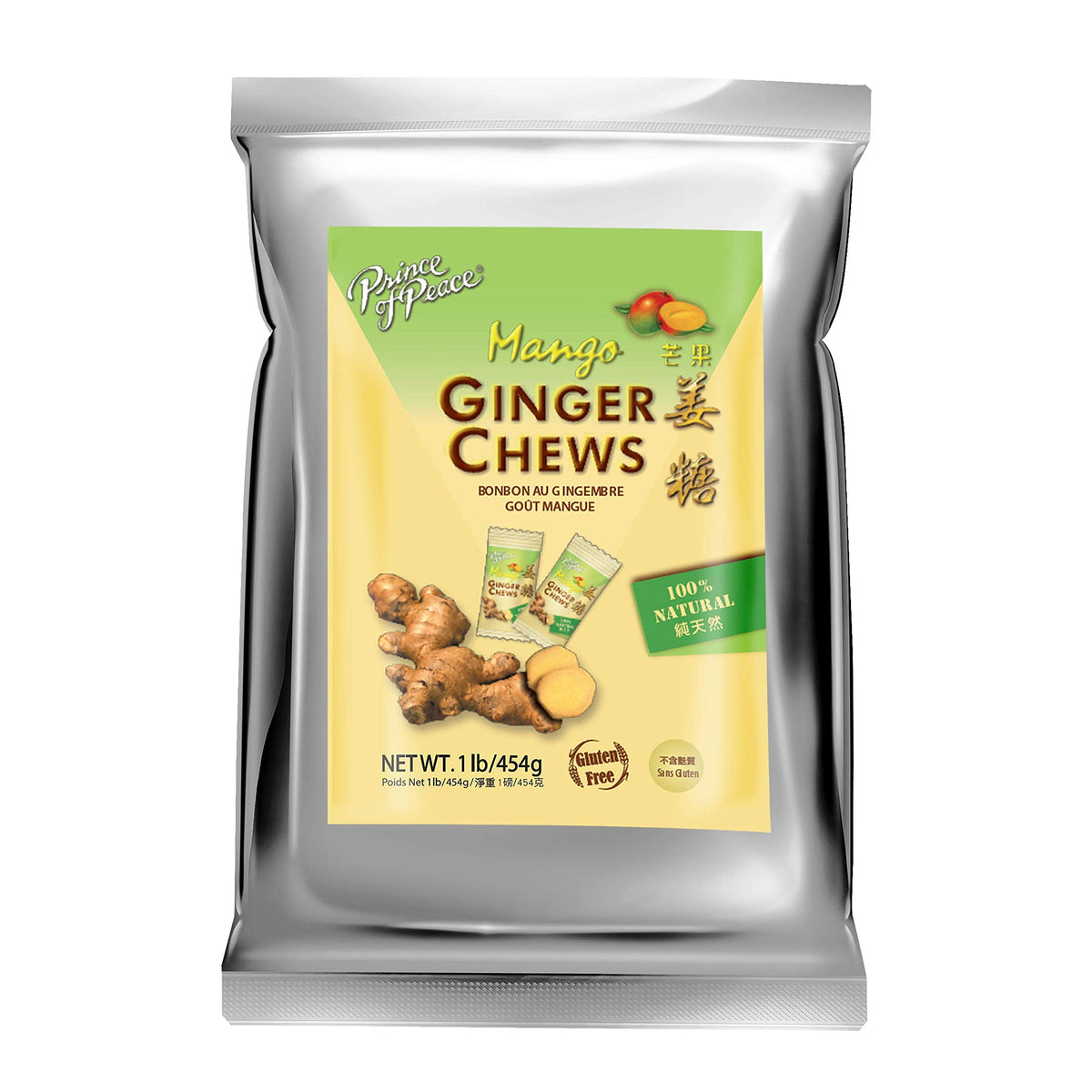 Prince of Peace Mango Ginger Chews packaging for easy on-the-go snacking.