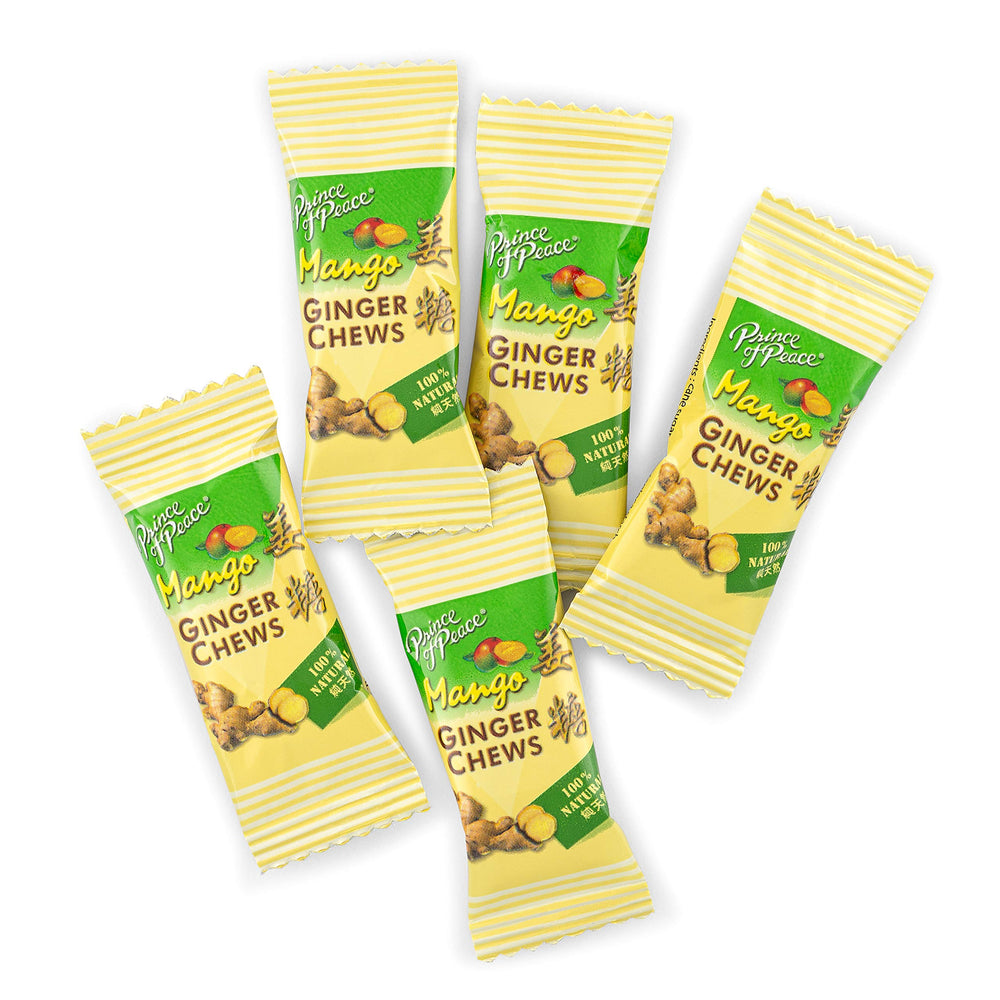 Prince of Peace Mango Ginger Chews individually wrapped for travel convenience.