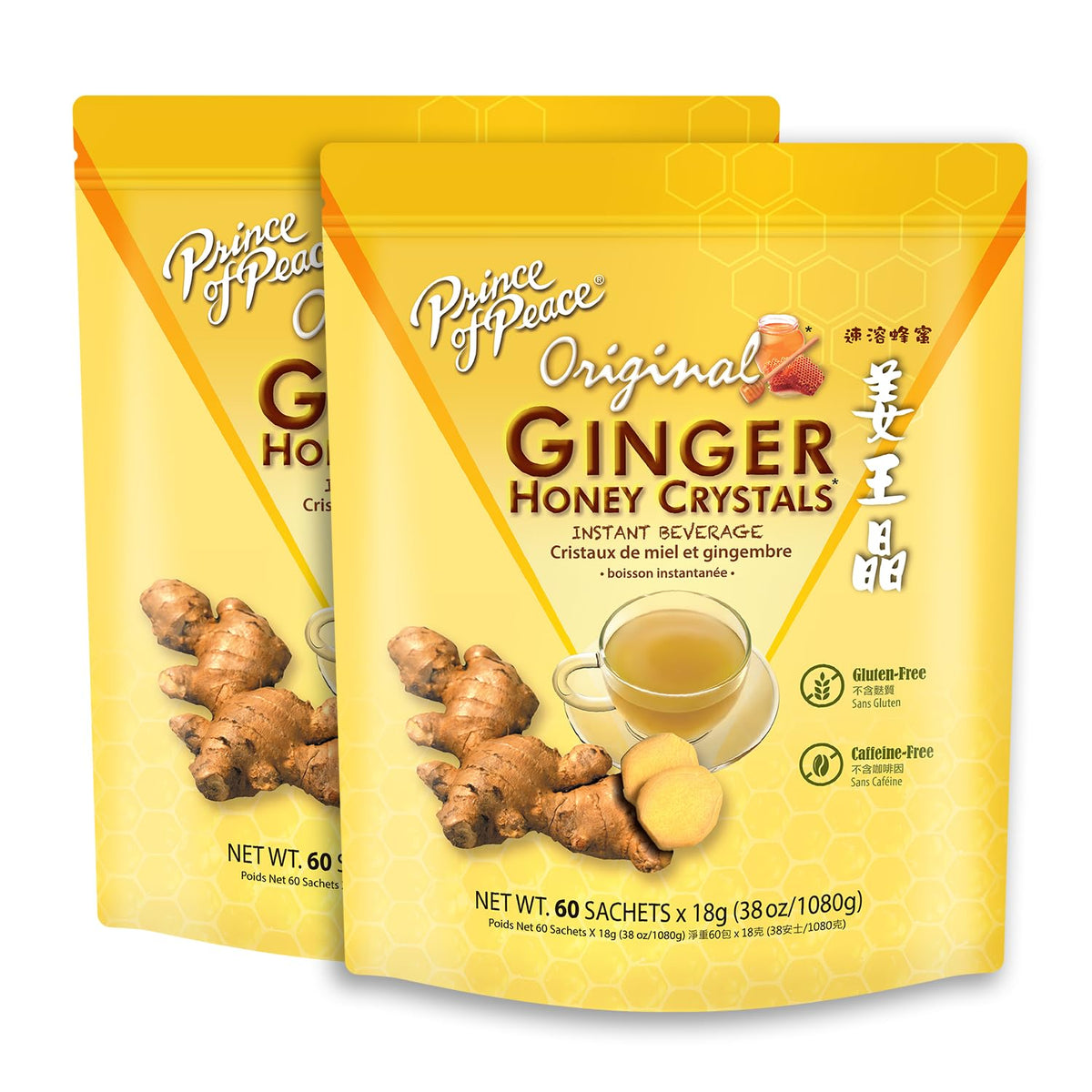 Prince of Peace Ginger Honey Crystals Original sachets for soothing throat, hot or iced.