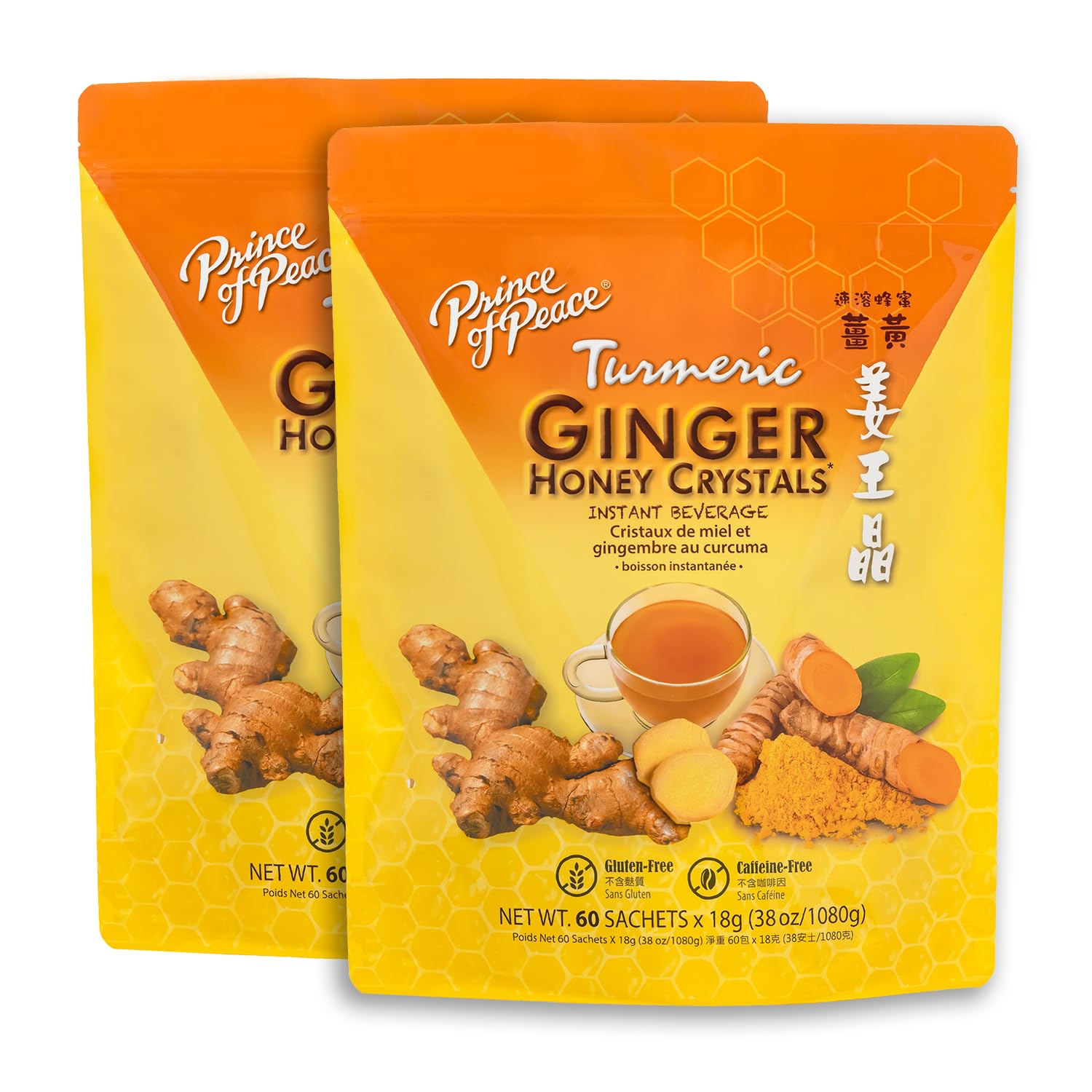 Prince of Peace Ginger Honey Crystals with Turmeric front-pack, convenient sachets for hot or cold drinks.