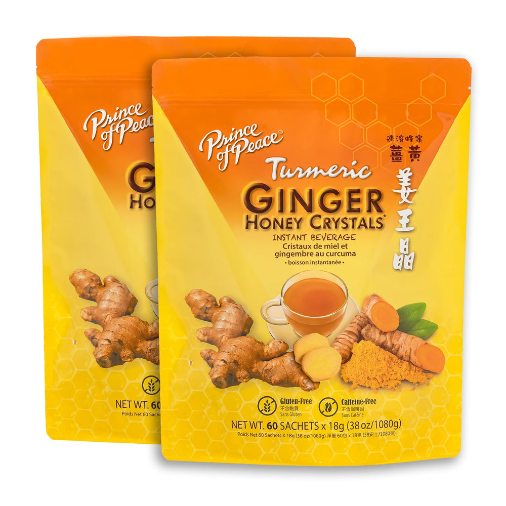 Prince of Peace Ginger Honey Crystals with Turmeric front-pack, convenient sachets for hot or cold drinks.