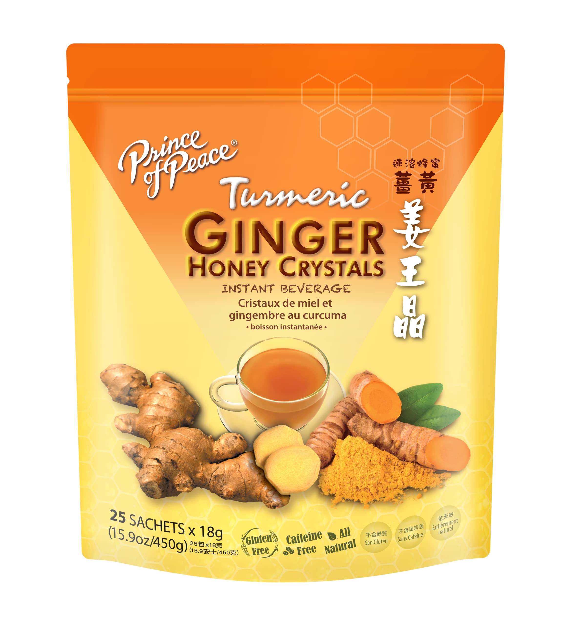 Prince of Peace ginger honey crystals turmeric sachet close-up for quick soothing flavor
