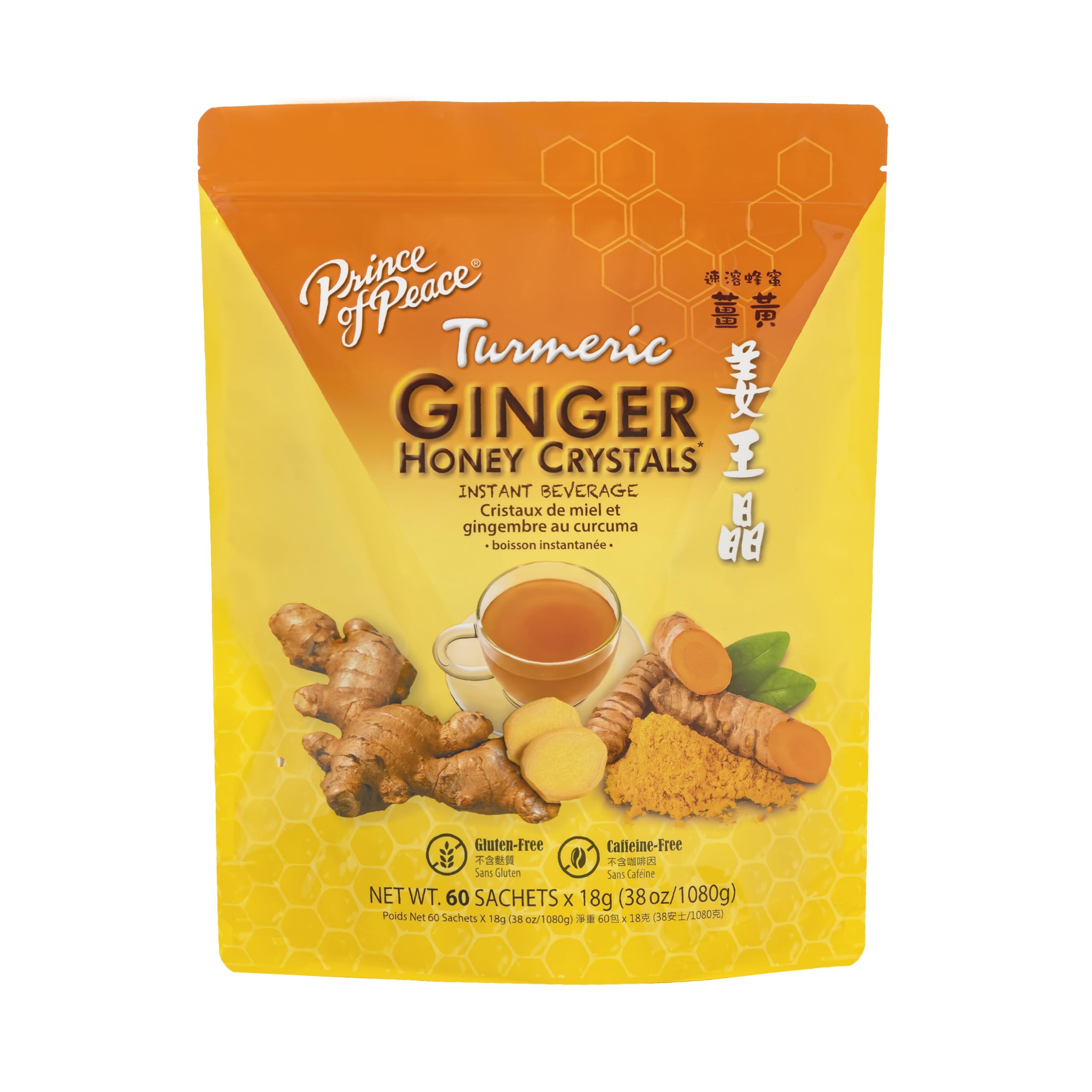 Prince of Peace ginger honey crystals turmeric sachets ready to brew a fragrant tea-like drink.