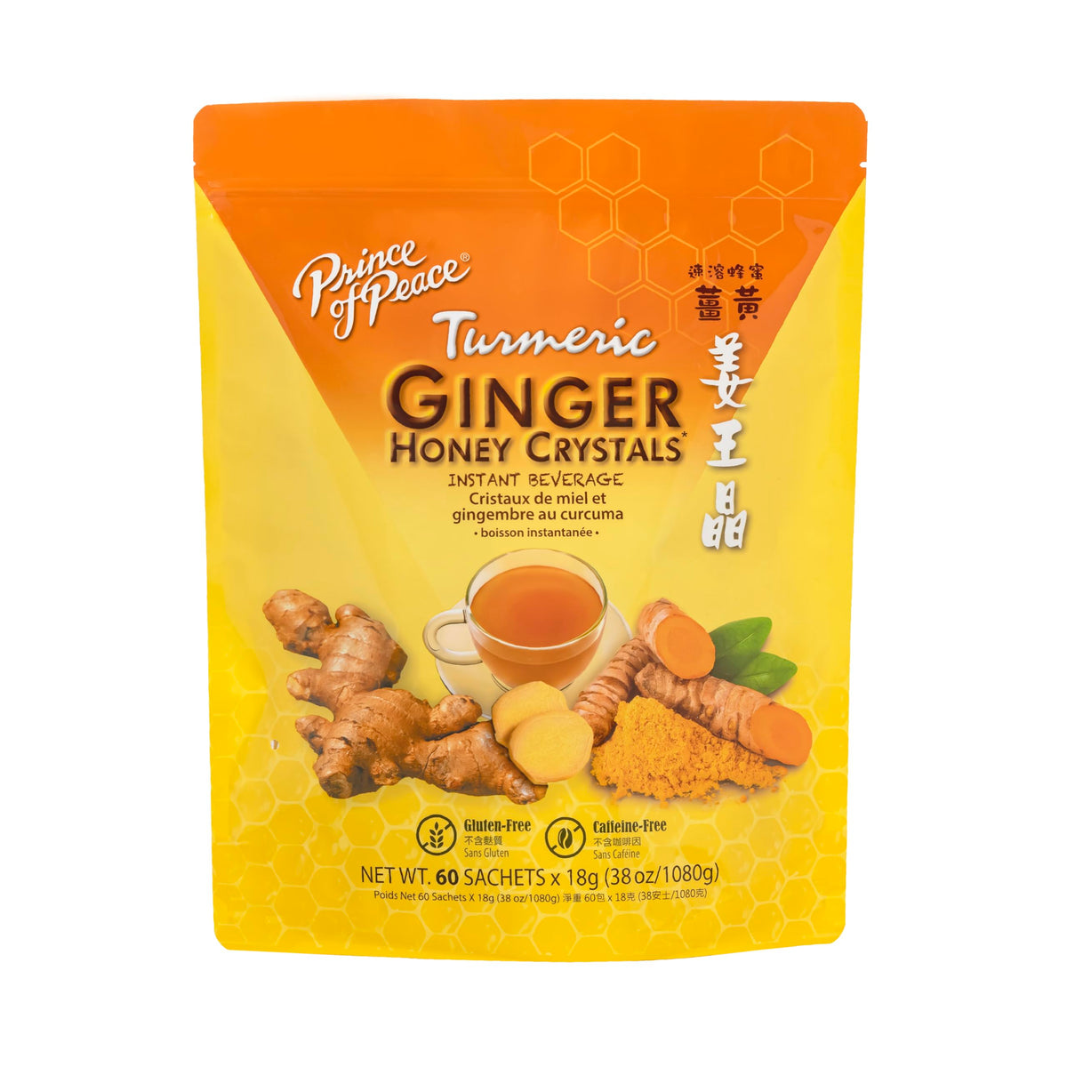 Prince of Peace ginger honey crystals turmeric sachets ready to brew a fragrant tea-like drink.
