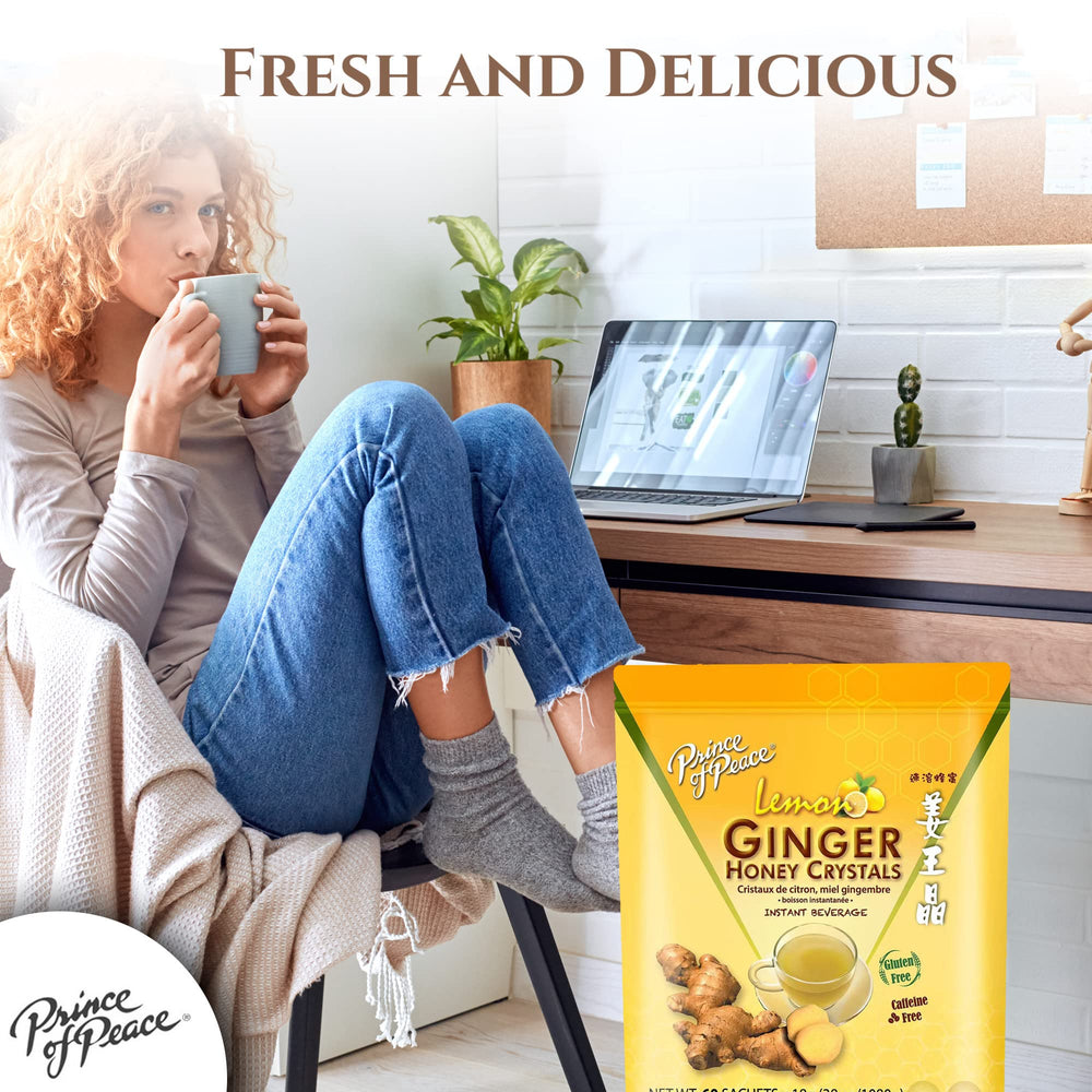 Prince Of Peace ginger honey sachets caffeine-free option for evening enjoyment.