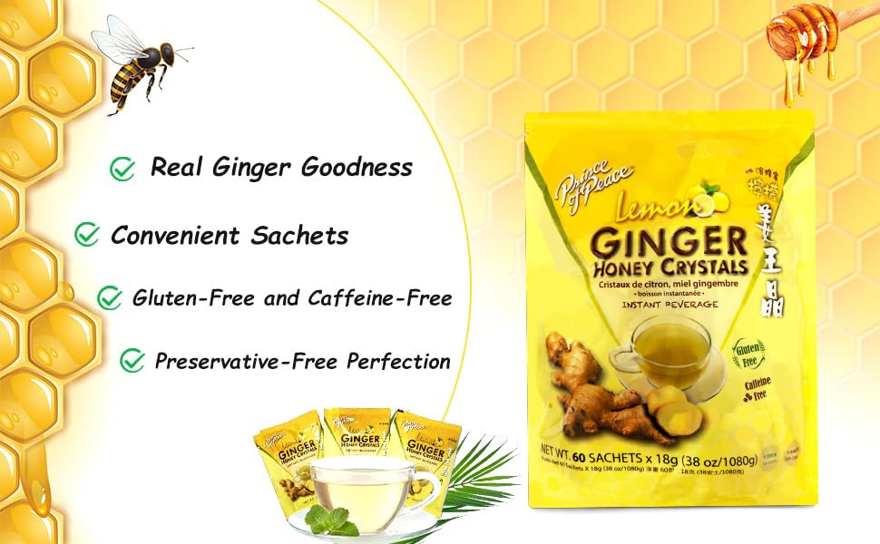 Prince Of Peace ginger honey sachets dissolving in hot water for tea.