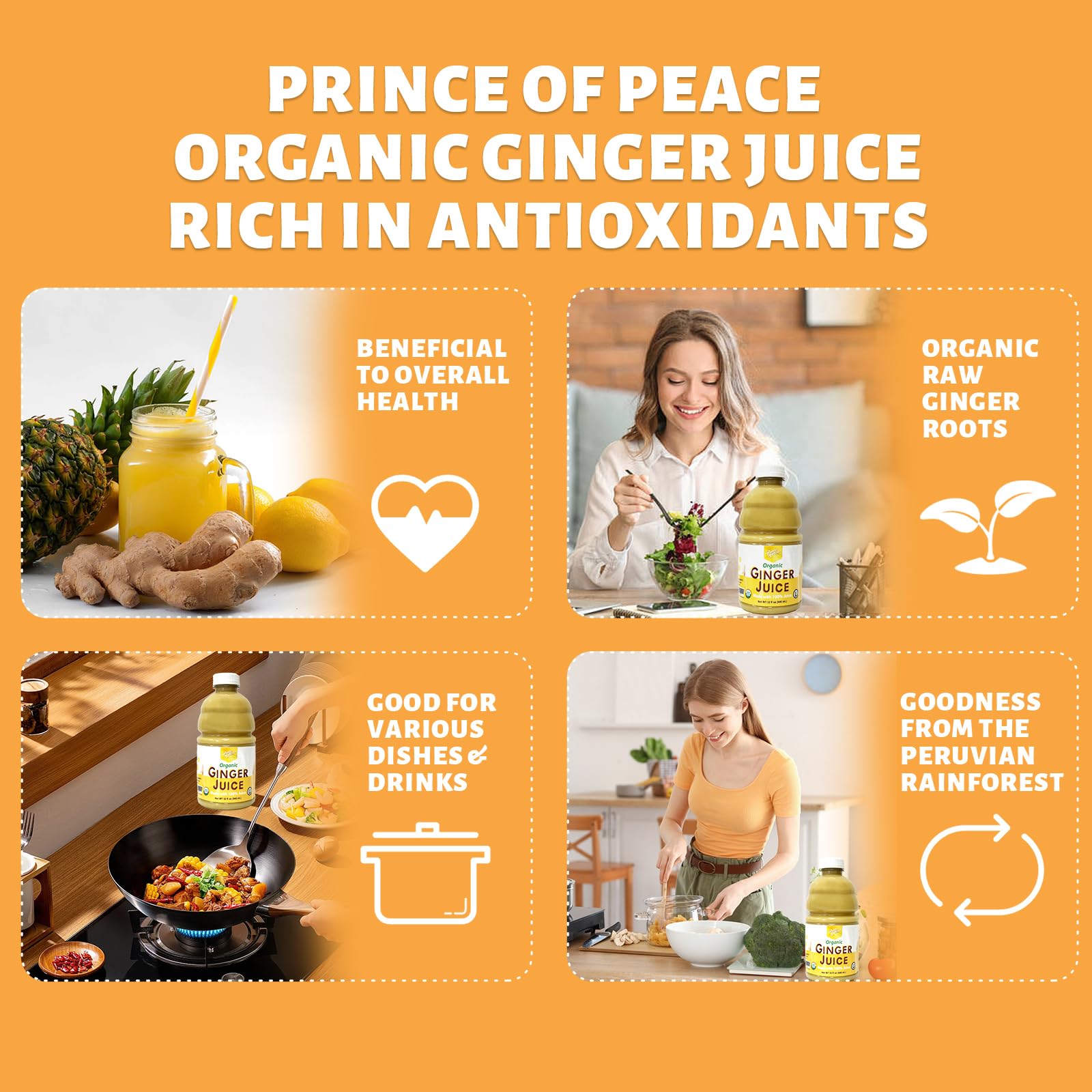 Prince Of Peace Ginger Juice label closeup highlights organic, premium ginger.