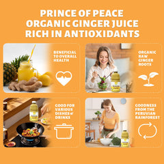 Prince Of Peace Ginger Juice label closeup highlights organic, premium ginger.