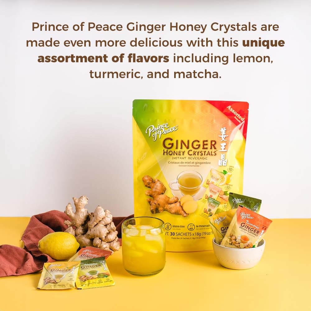 Prince of Peace hot or cold brewing—iced tea with ginger honey crystals