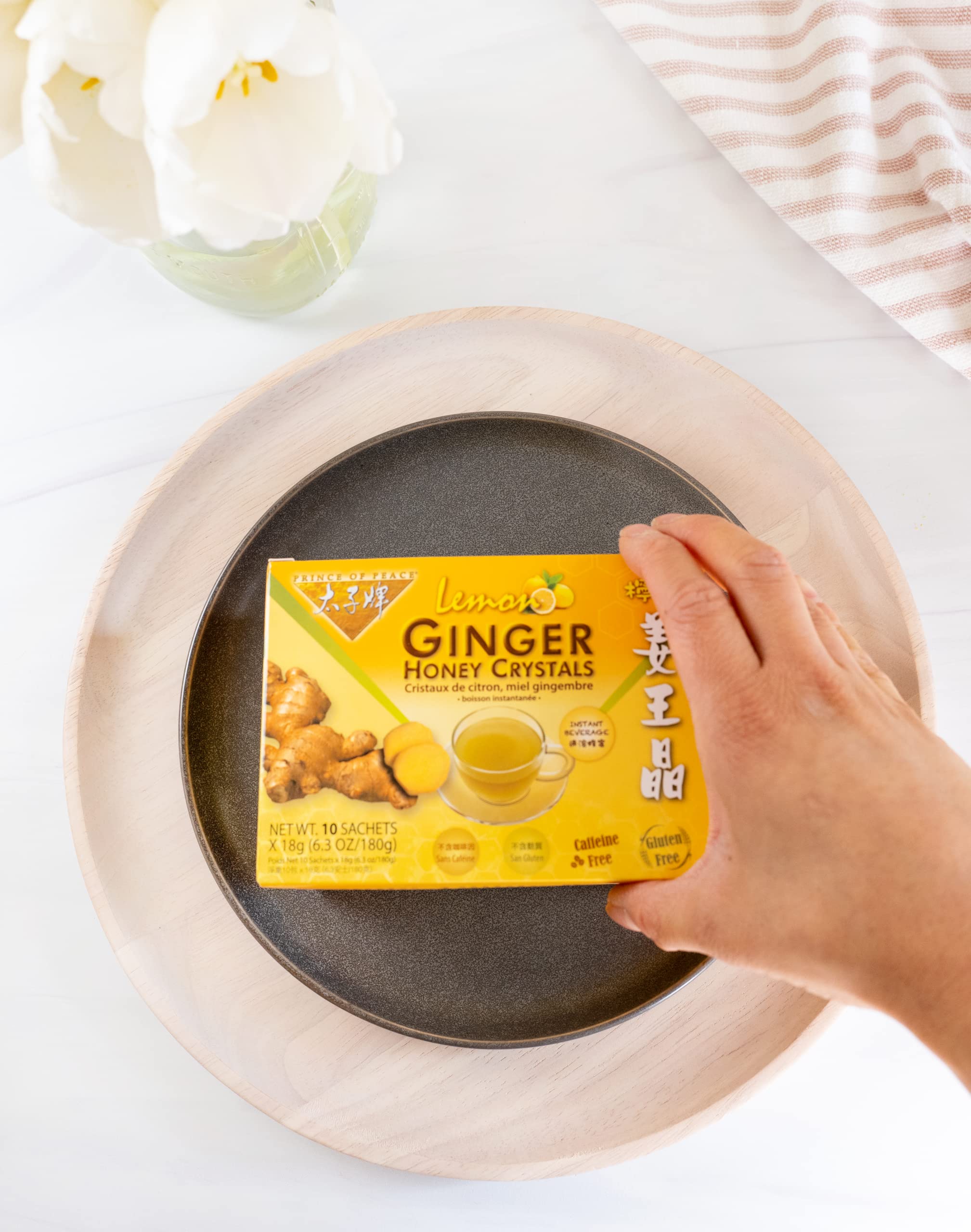 Prince of Peace instant lemon ginger honey crystals sachet ready for quick brew.
