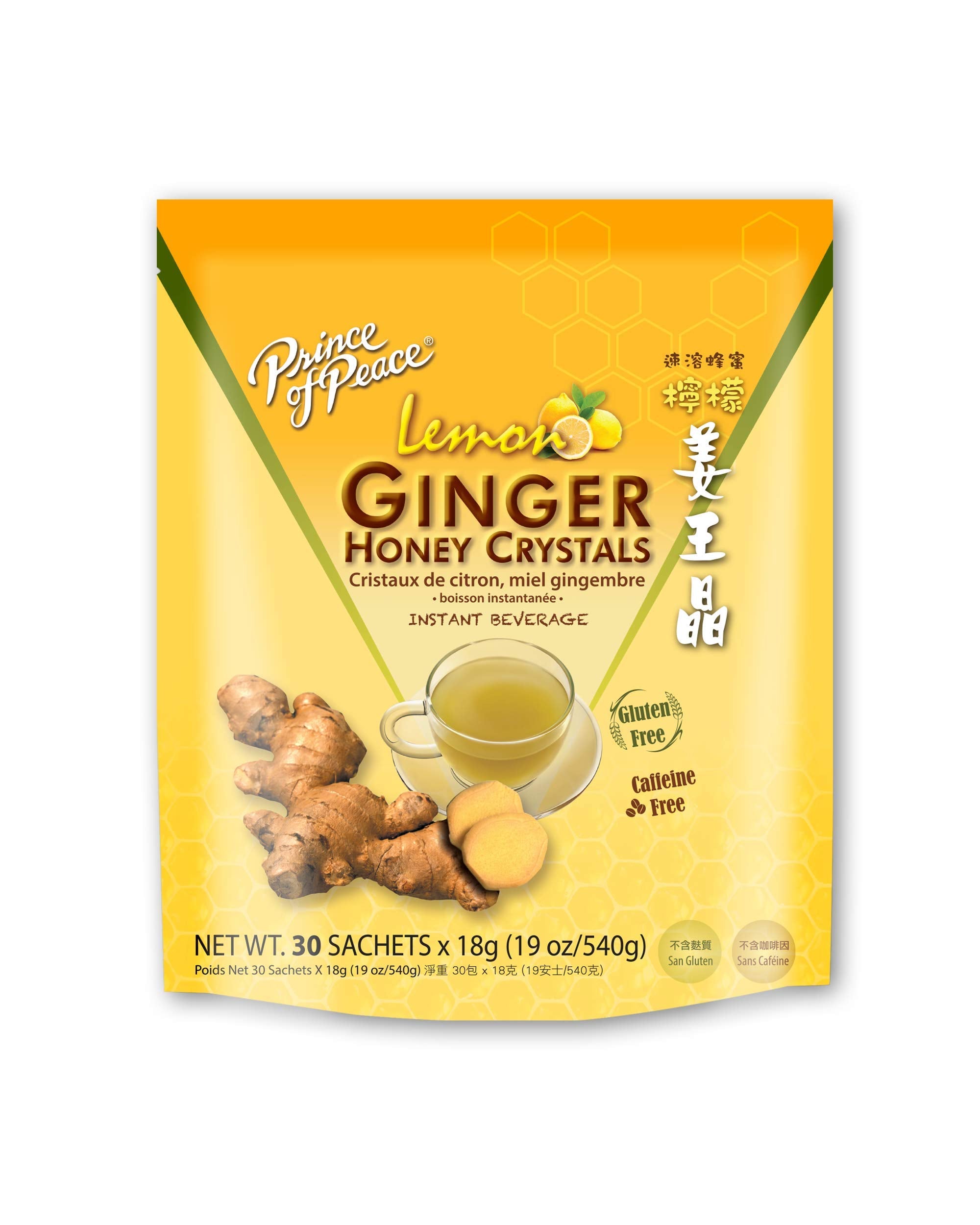 Prince of Peace lemon ginger honey crystals sachet beside a steaming cup for warm comfort.