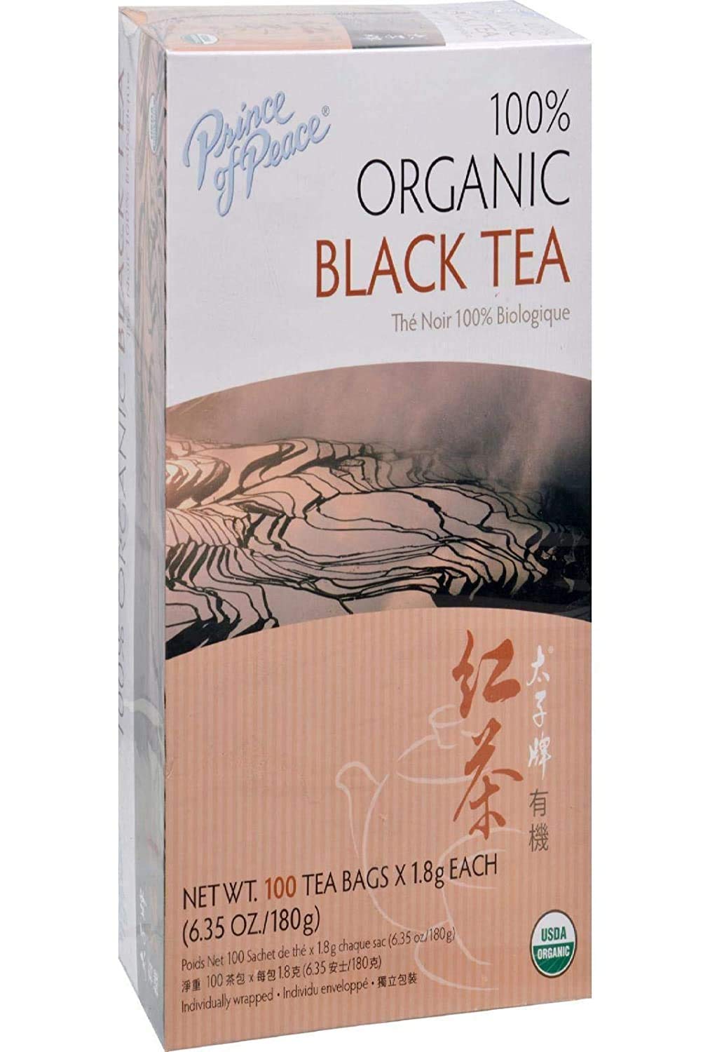 Prince of Peace organic black tea bags in box ready to brew a soothing cup.