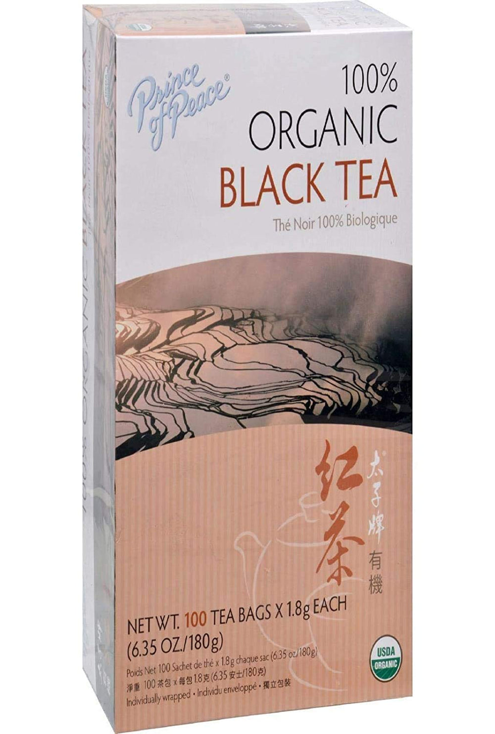 Prince of Peace organic black tea packaging with ECOCERT label for purity.