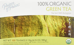 Prince Of Peace Organic Green Tea tea bags packaging highlighting 100% organic quality