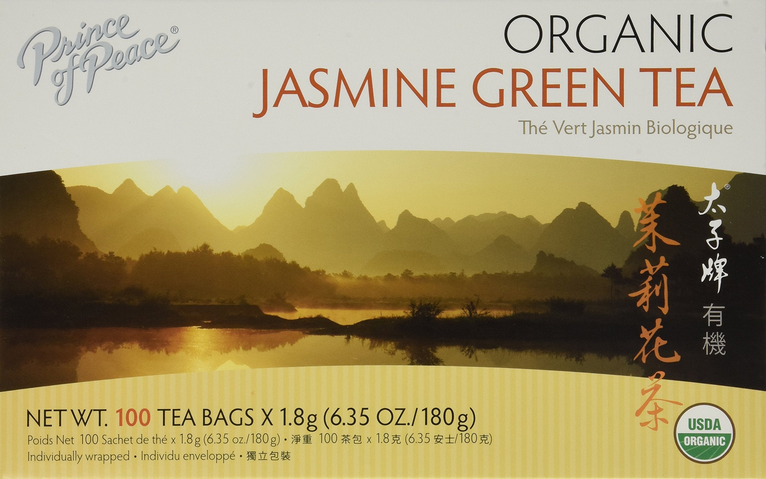 Prince Of Peace Organic Jasmine Green Tea box — convenient 100-count packaging for everyday brewing.