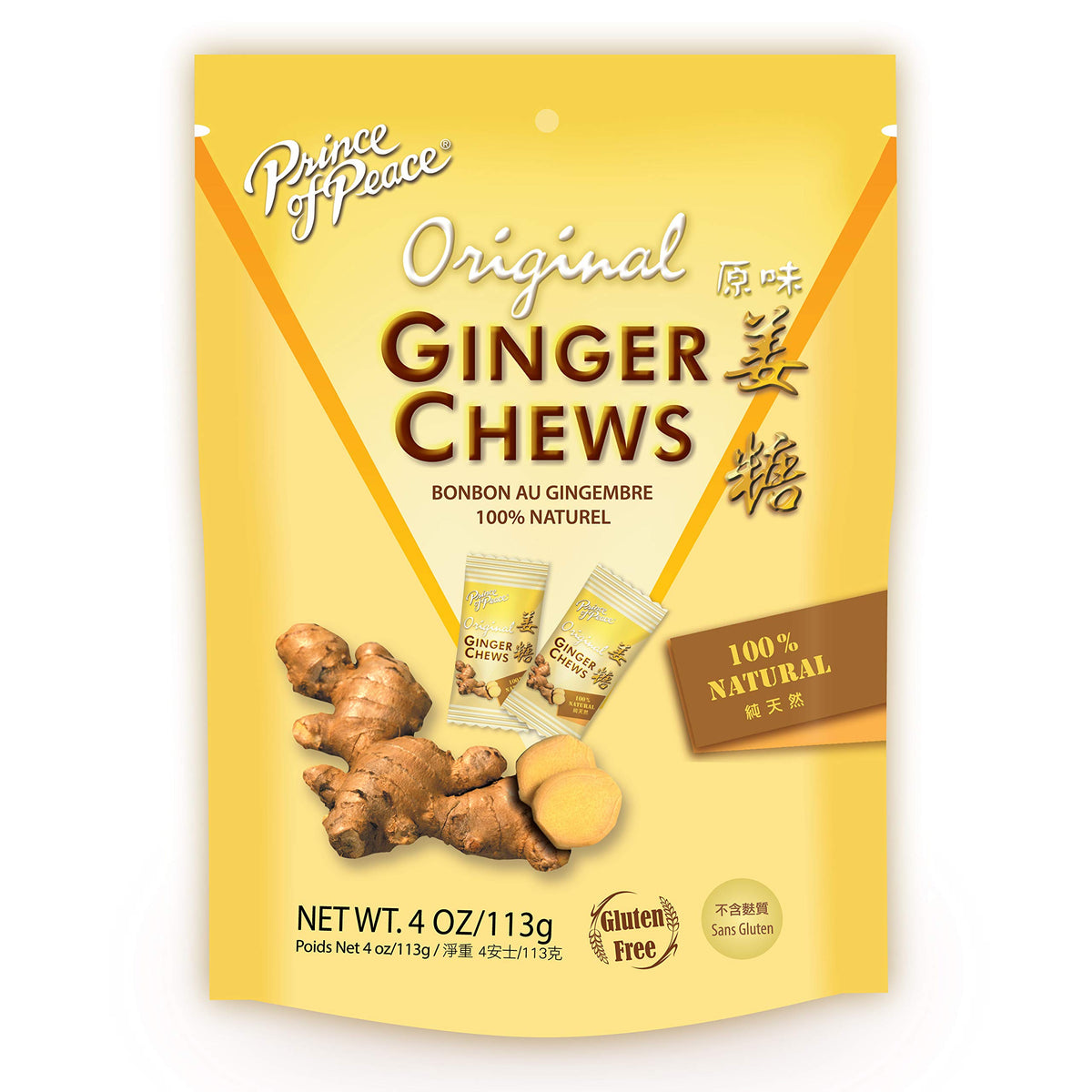 Prince of Peace Original Ginger Chews pack front view for convenient on-the-go snacking