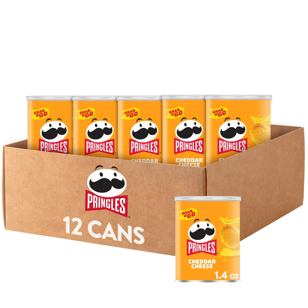Pringles Cheddar Cheese cans stacked for easy grab-and-go snacking.