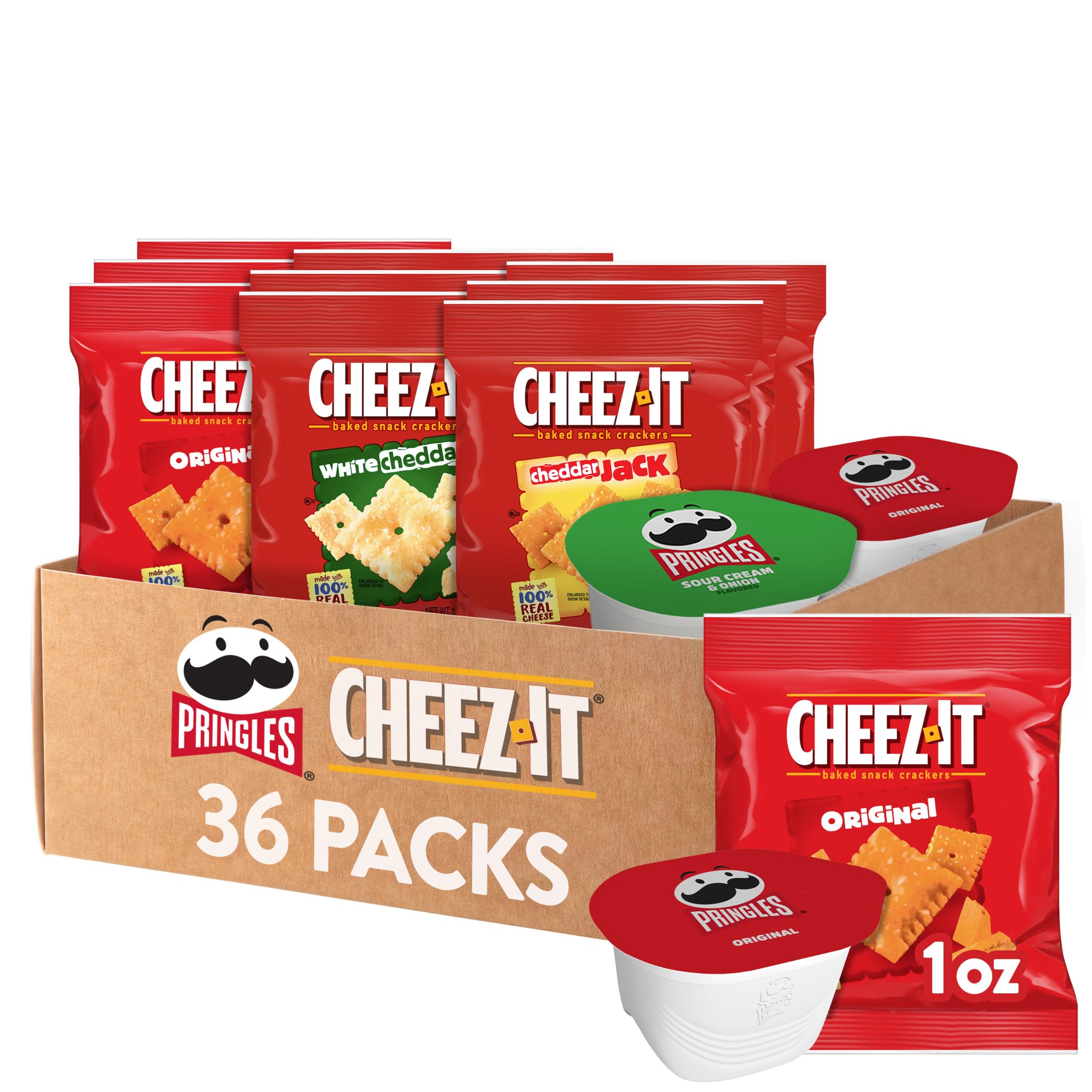 Pringles and Cheez-It variety-pack box open, ideal for on-the-go snacking