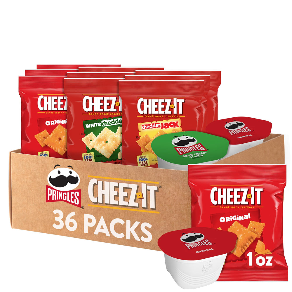 Pringles and Cheez-It variety-pack box open, ideal for on-the-go snacking