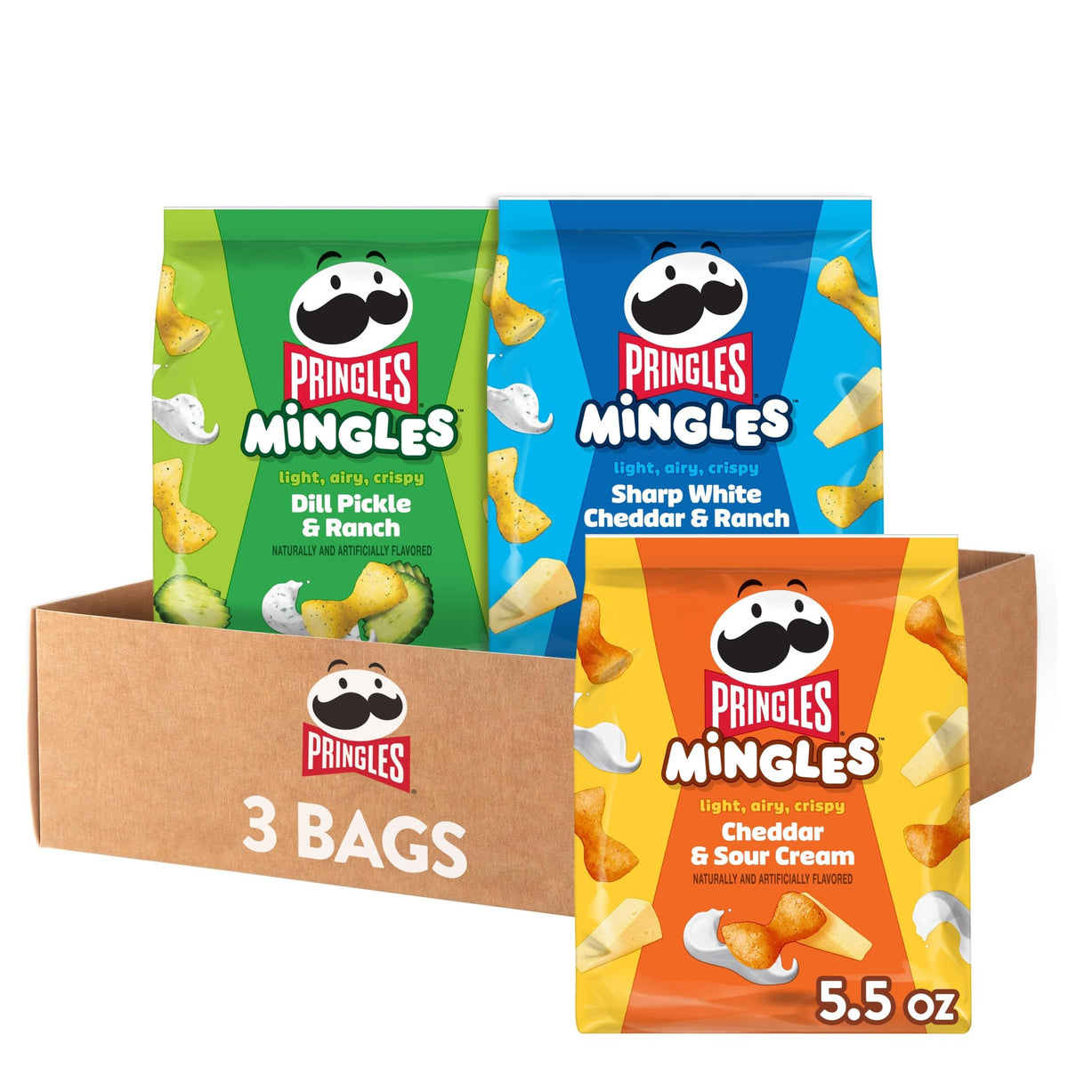 Pringles Mingles cheddar sour cream bowtie puffs shown for two-flavor bite experience, great for sharing