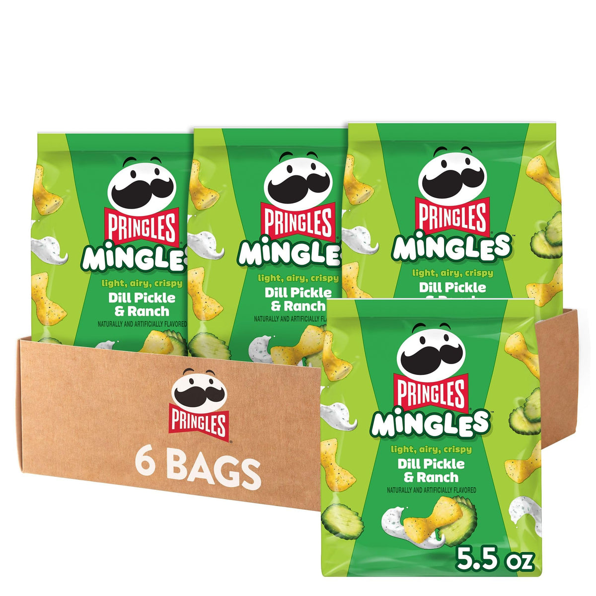 Pringles Mingles dill pickle ranch bowtie puffs offer crisp snack-time variety.
