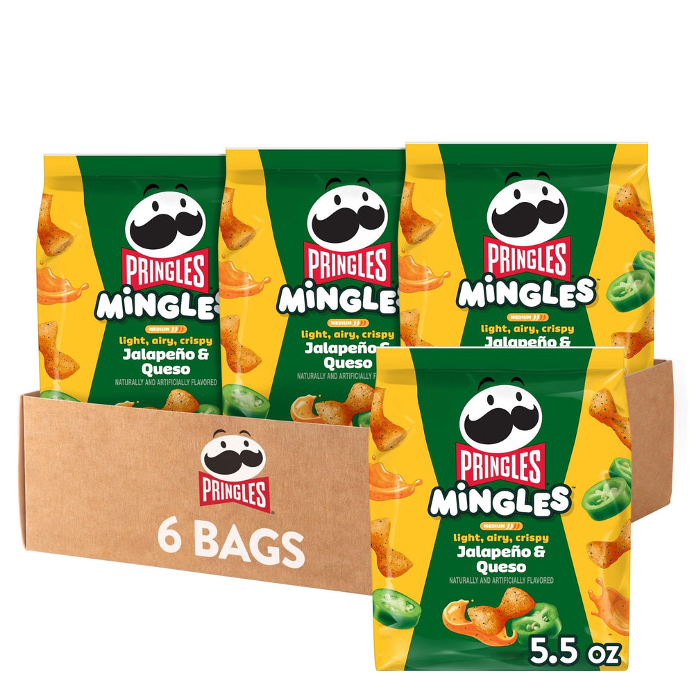Pringles Mingles Jalapeno Queso puffs in bowtie shape, a spicy-cheesy bite perfect for on-the-go snacking.