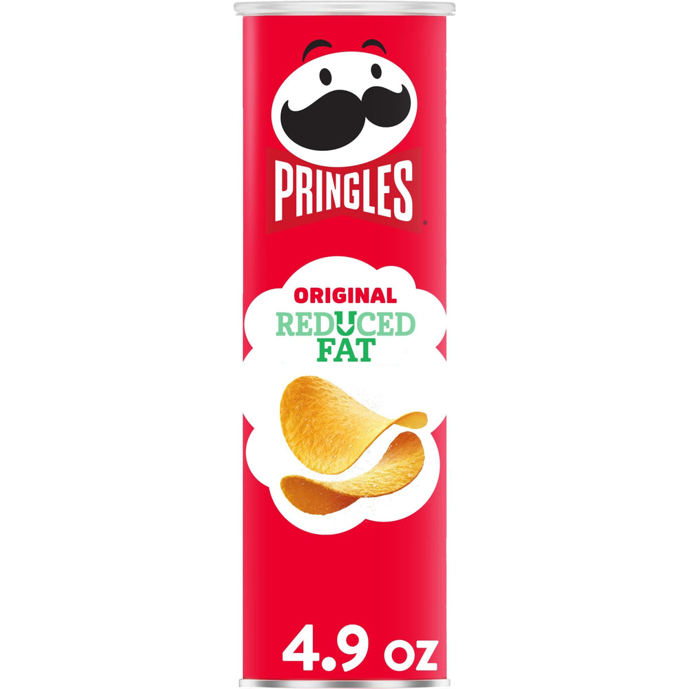 Pringles Reduced Fat can front view, convenient on-the-go snack for busy days.