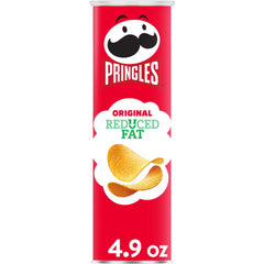 Pringles Reduced Fat can front view, convenient on-the-go snack for busy days.