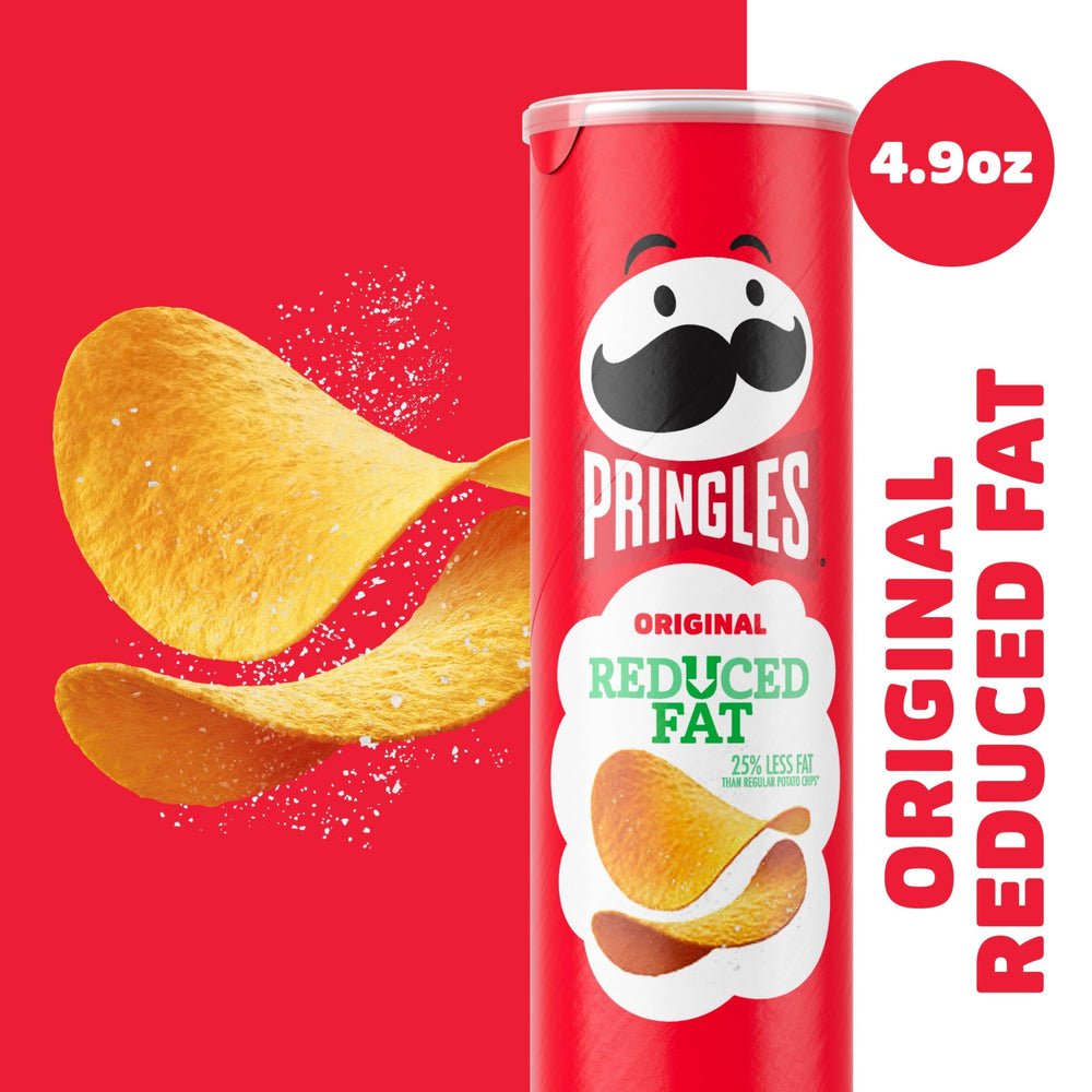 Pringles Reduced Fat open can showcase, ready-to-snack packaging preserves freshness.