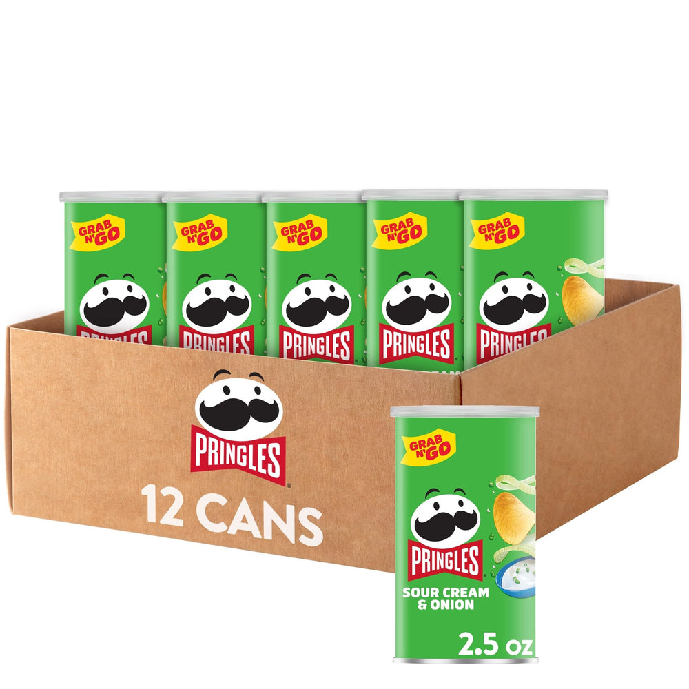Pringles Sour Cream and Onion can closeup, a convenient grab-and-go snacking option.